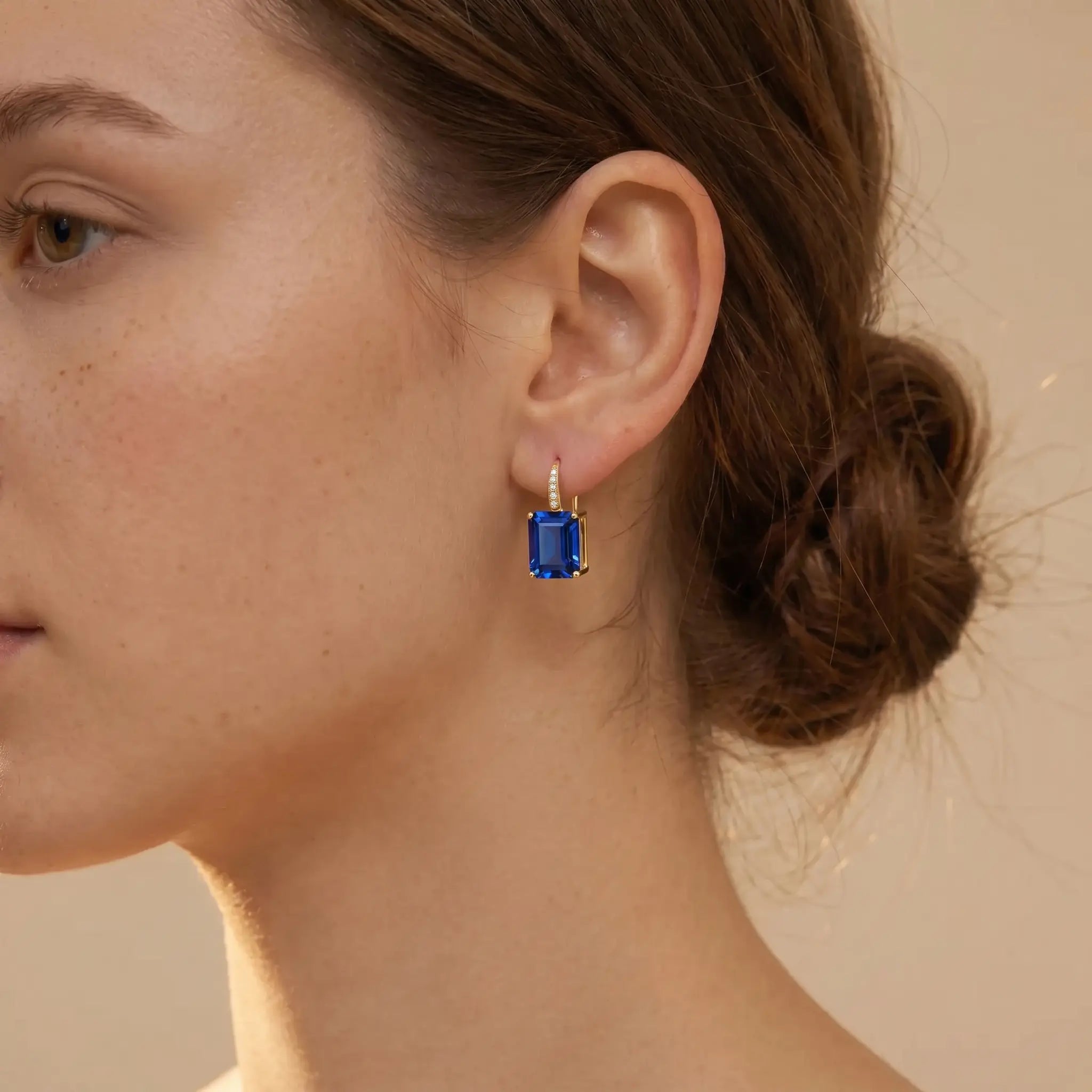 Radiant Emerald-Cut 8.25ctw Lab-Grown Sapphire Diamond Drop Earrings in 14k gold 
