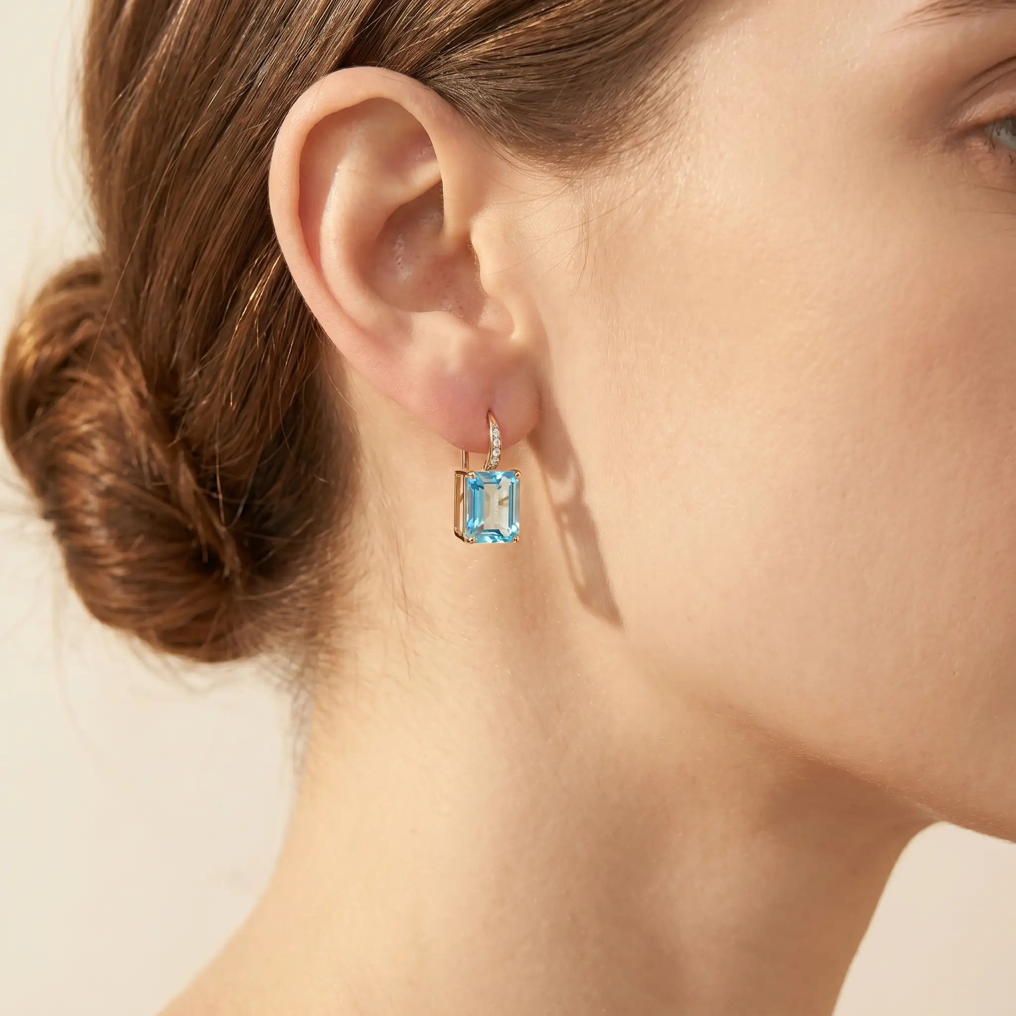 Radiant Natural Emerald-Cut 7.65ctw Topaz & Diamond Drop Earrings in 14k yellow gold