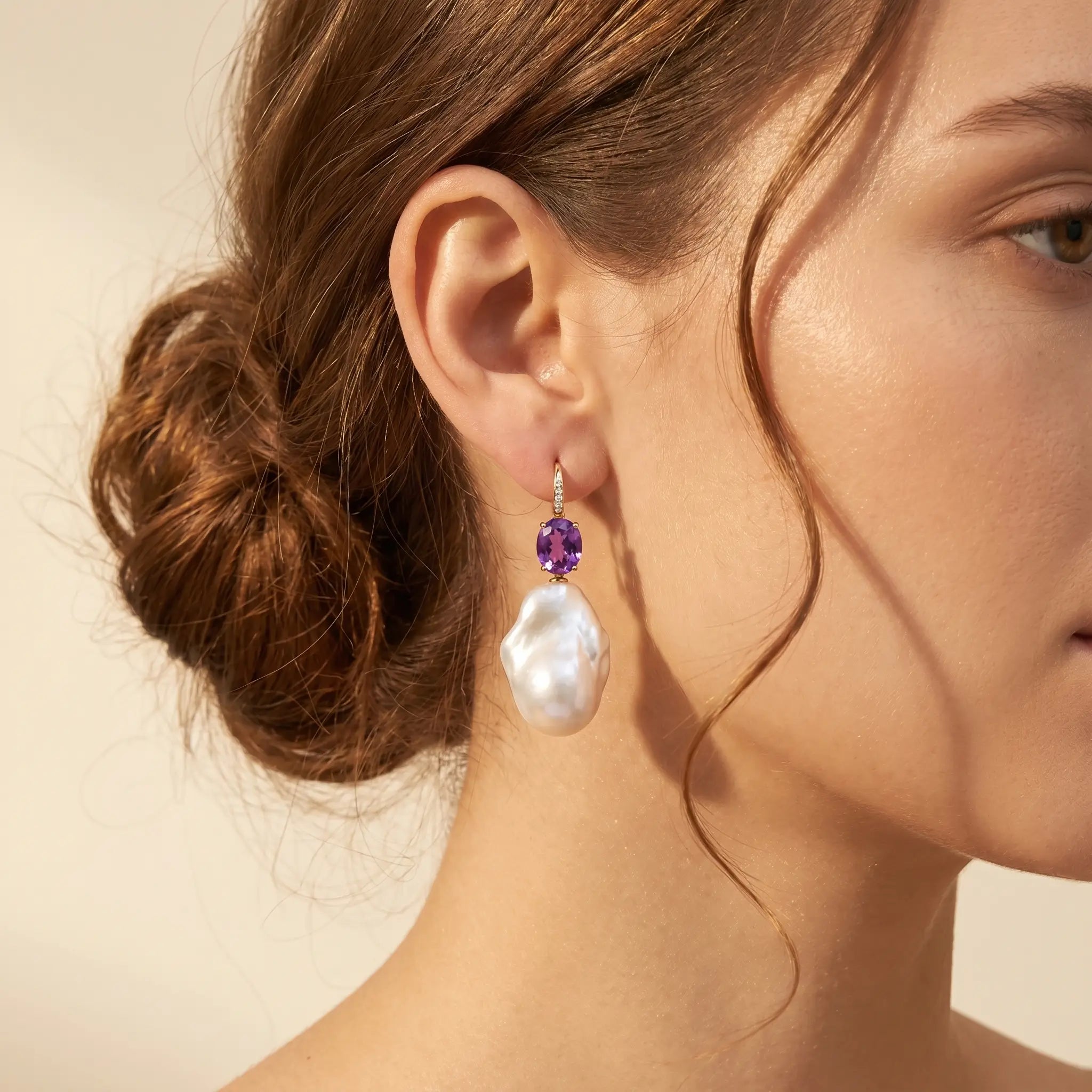 Radiant Oval Natural Amethyst Diamond Baroque Pearl Convertible Drop Earrings in 14k gold