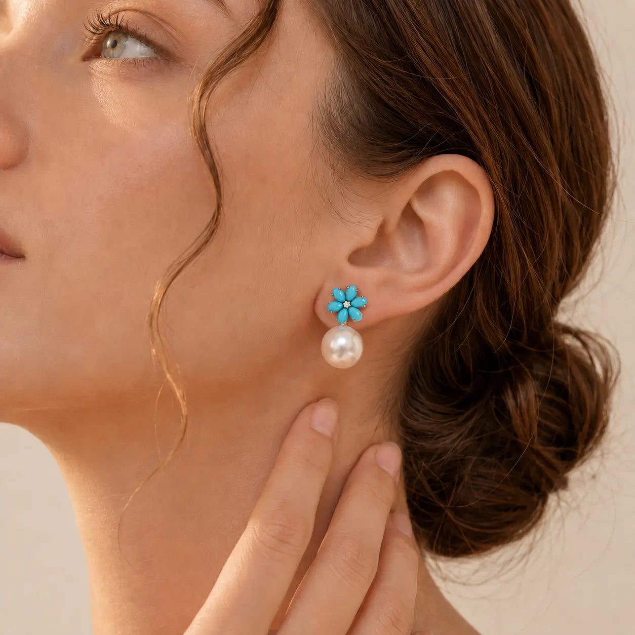 Flora Natural Sleeping Beauty Turquoise Diamond Pearl Convertible Drop Earrings in 14k yellow gold
