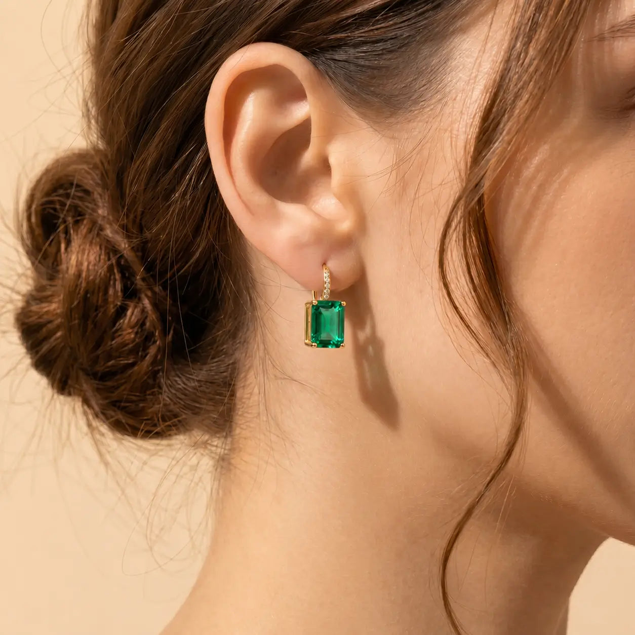 Radiant 6.85ctw Lab-Grown Emerald Diamond Drop Earrings in 14k yellow gold