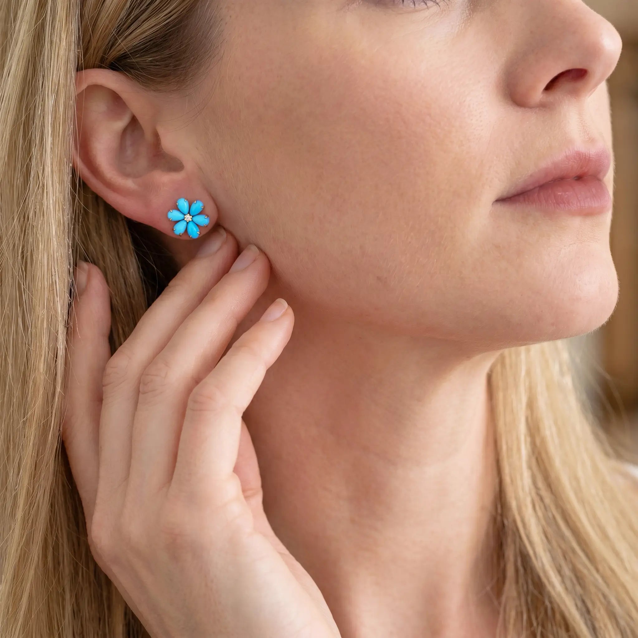 Flora Natural Sleeping Beauty Turquoise Diamond Earrings in 14k yellow gold