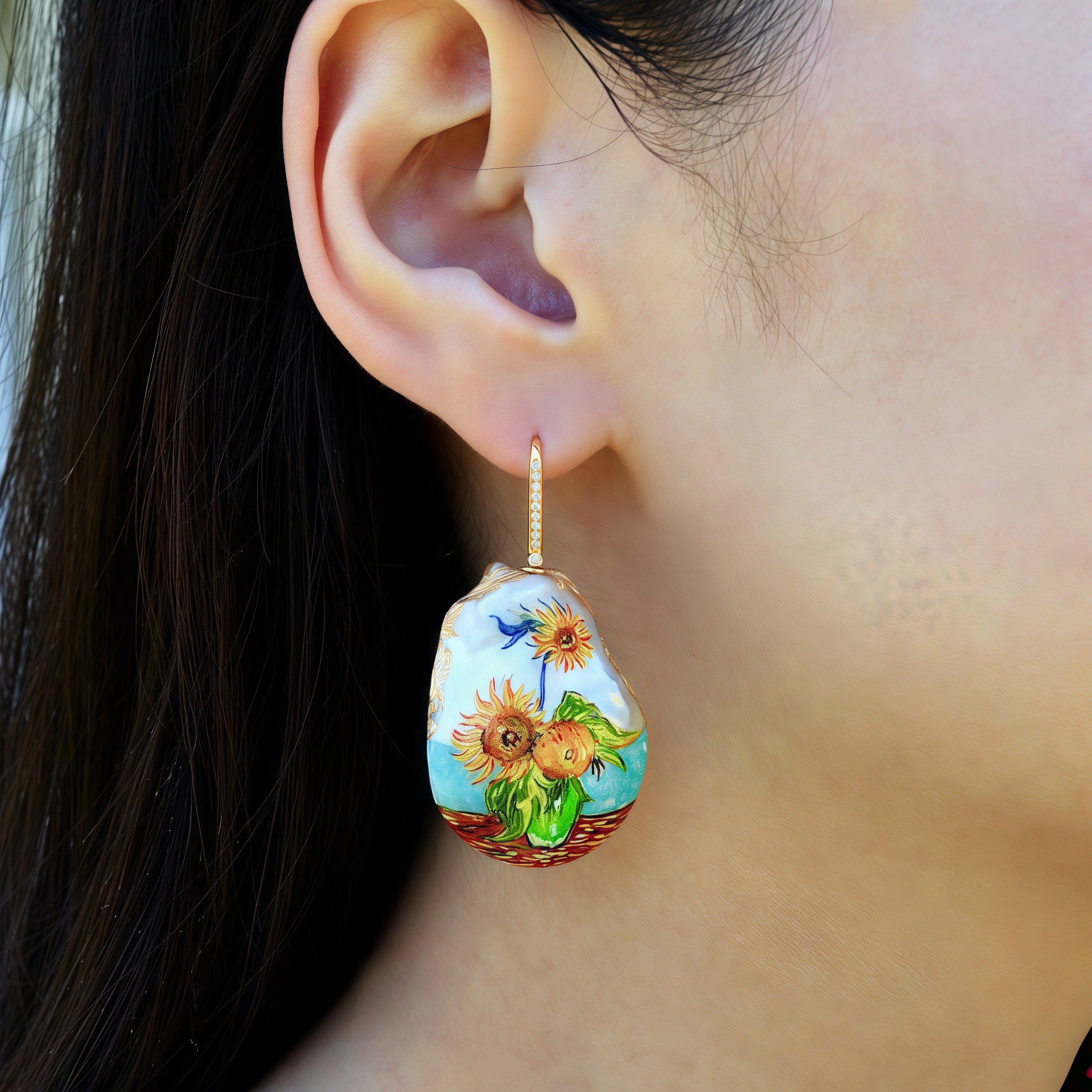 Hand-Painted Sunflowers Baroque Pearl Enhancers