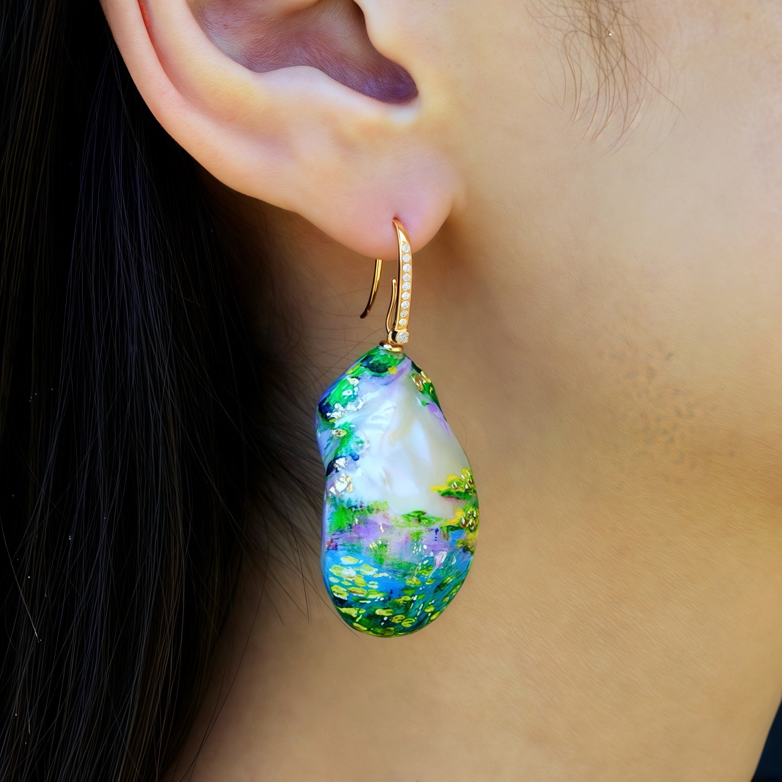 Hand-Painted Water Lilies Baroque Pearl Enhancers
