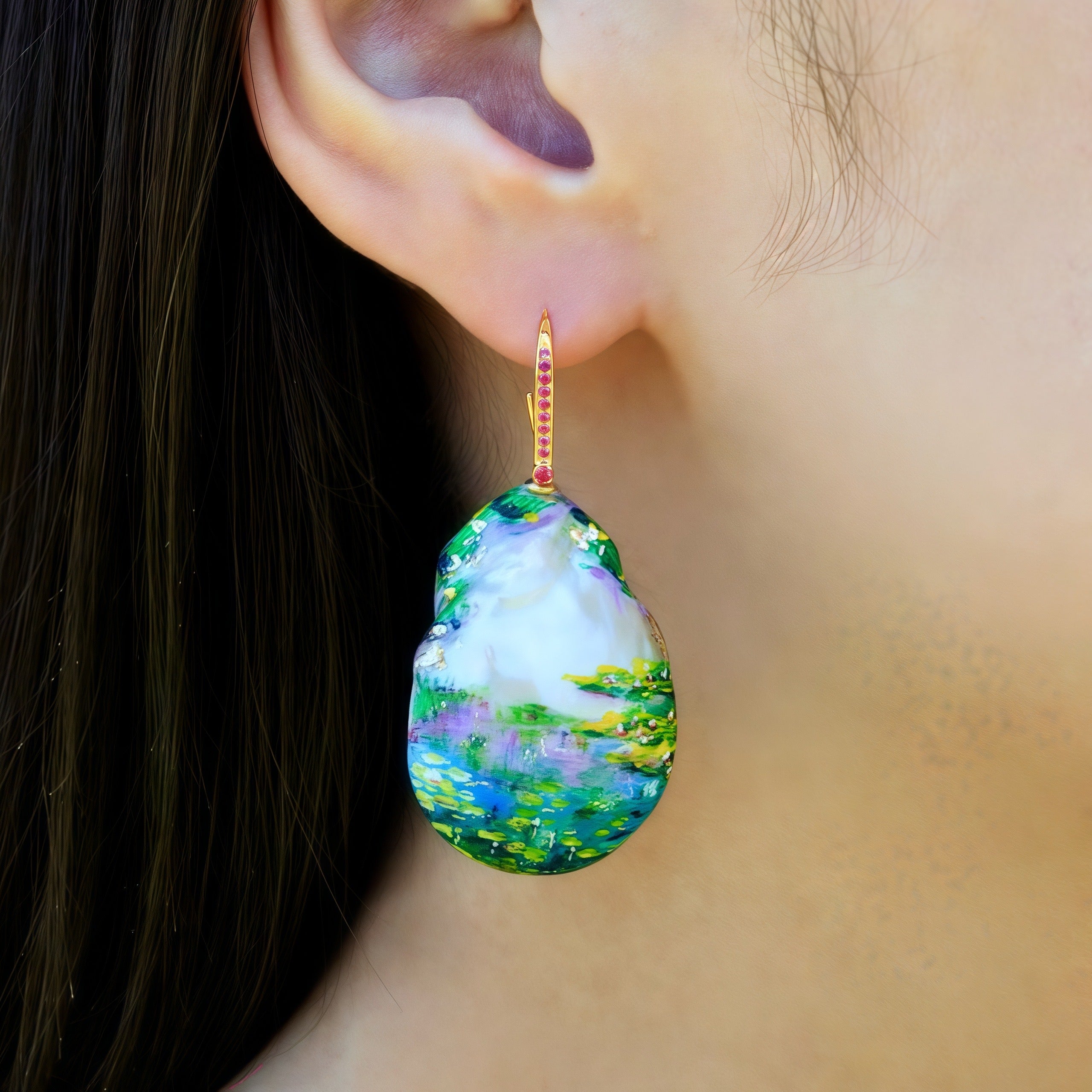 Hand-Painted Water Lilies Baroque Pearl Enhancers
