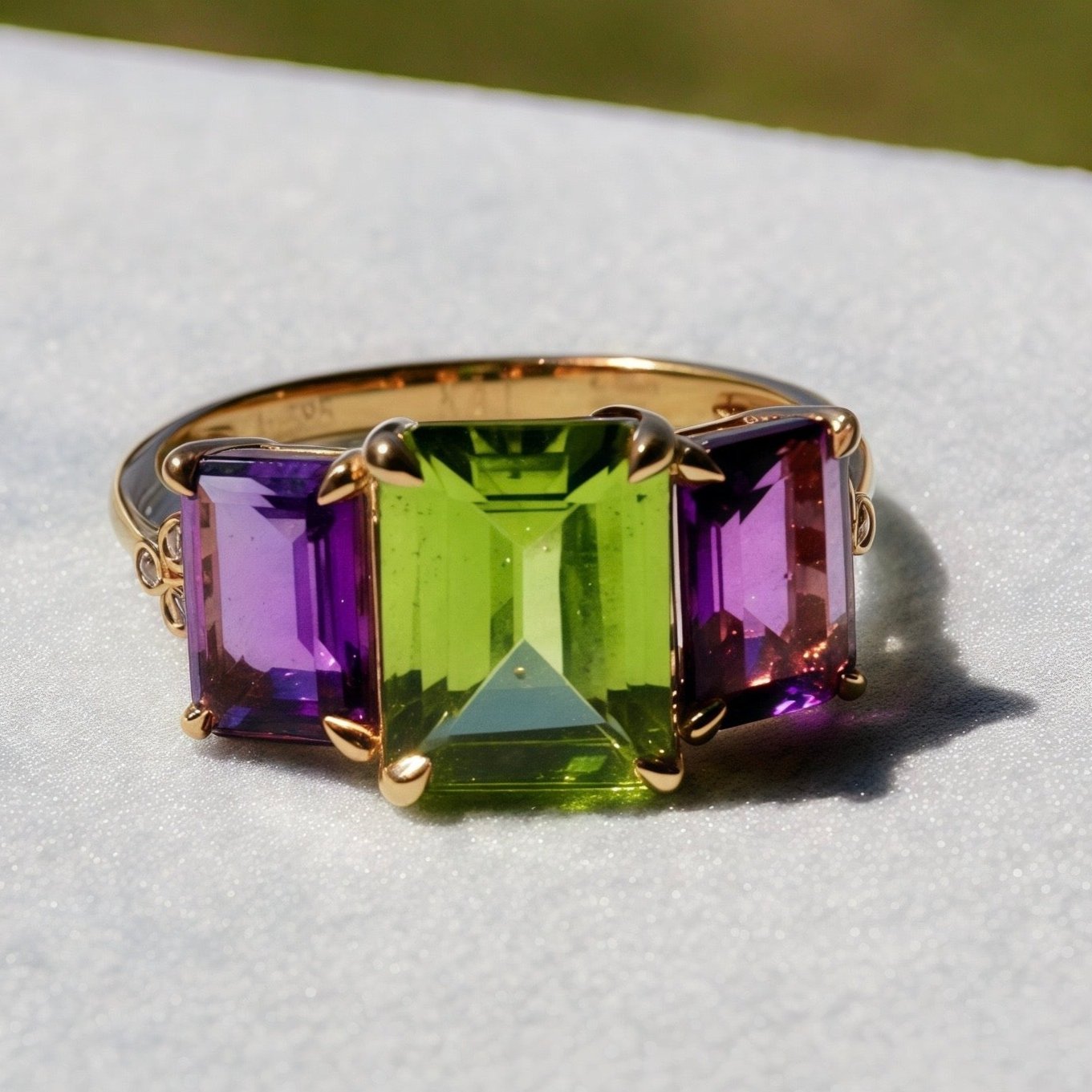 Fortune Peridot Amethyst Diamond Three-Stone Ring