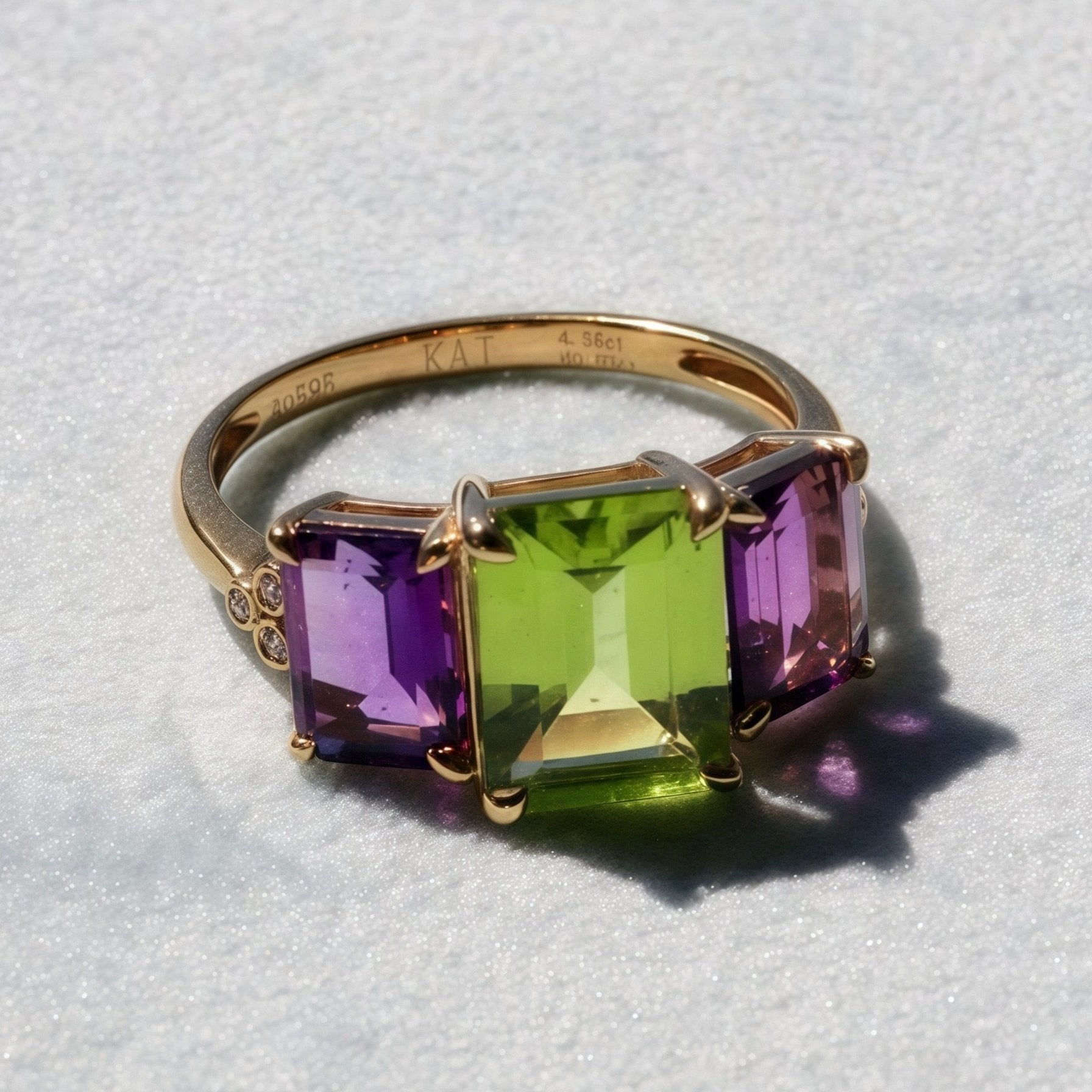 Fortune Peridot Amethyst Diamond Three-Stone Ring