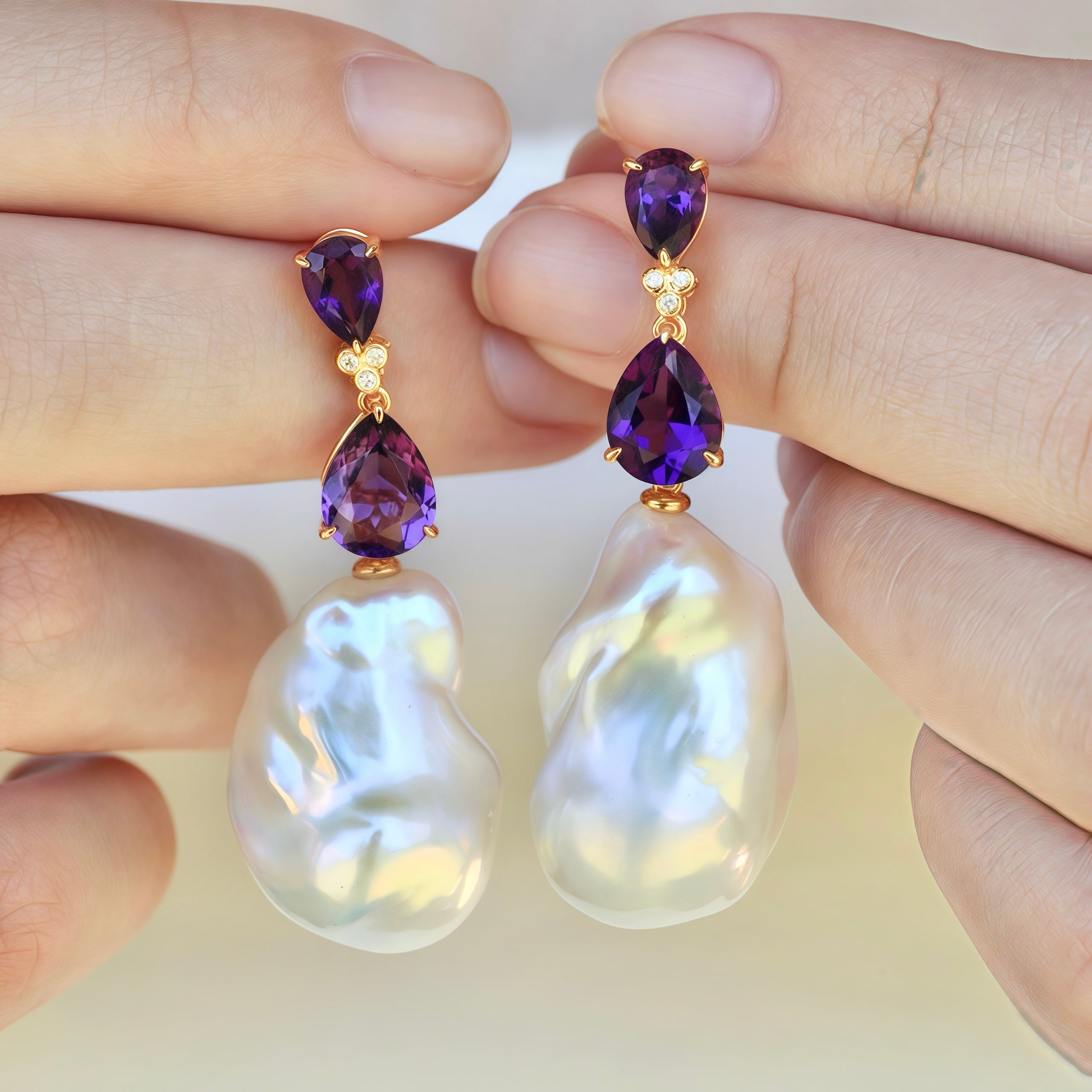 Divina Pear Amethyst Diamond Baroque Pearl Convertible Drop Earrings
