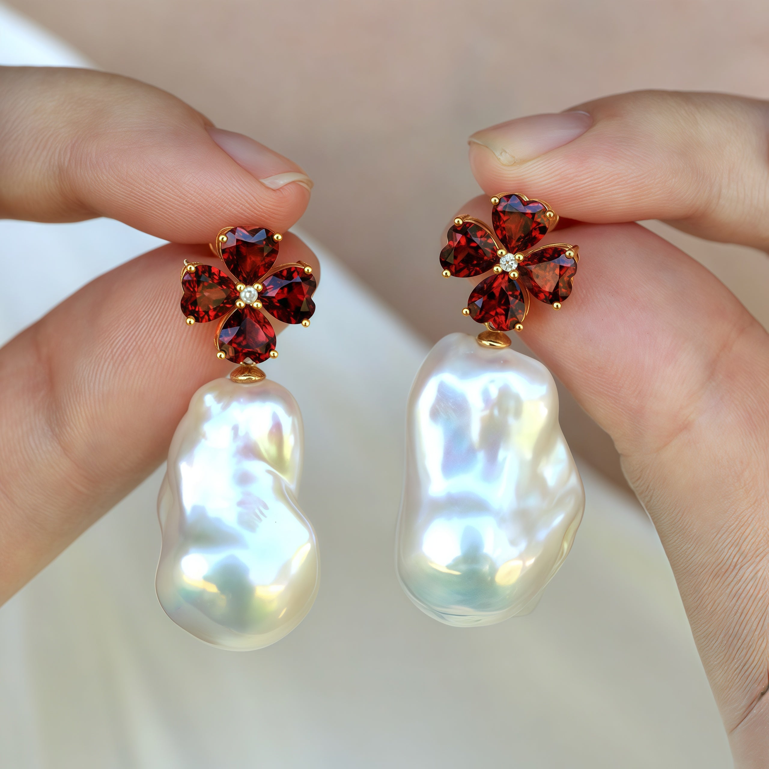 Felicia Garnet Diamond Clover Baroque Pearl Convertible Drop Earrings