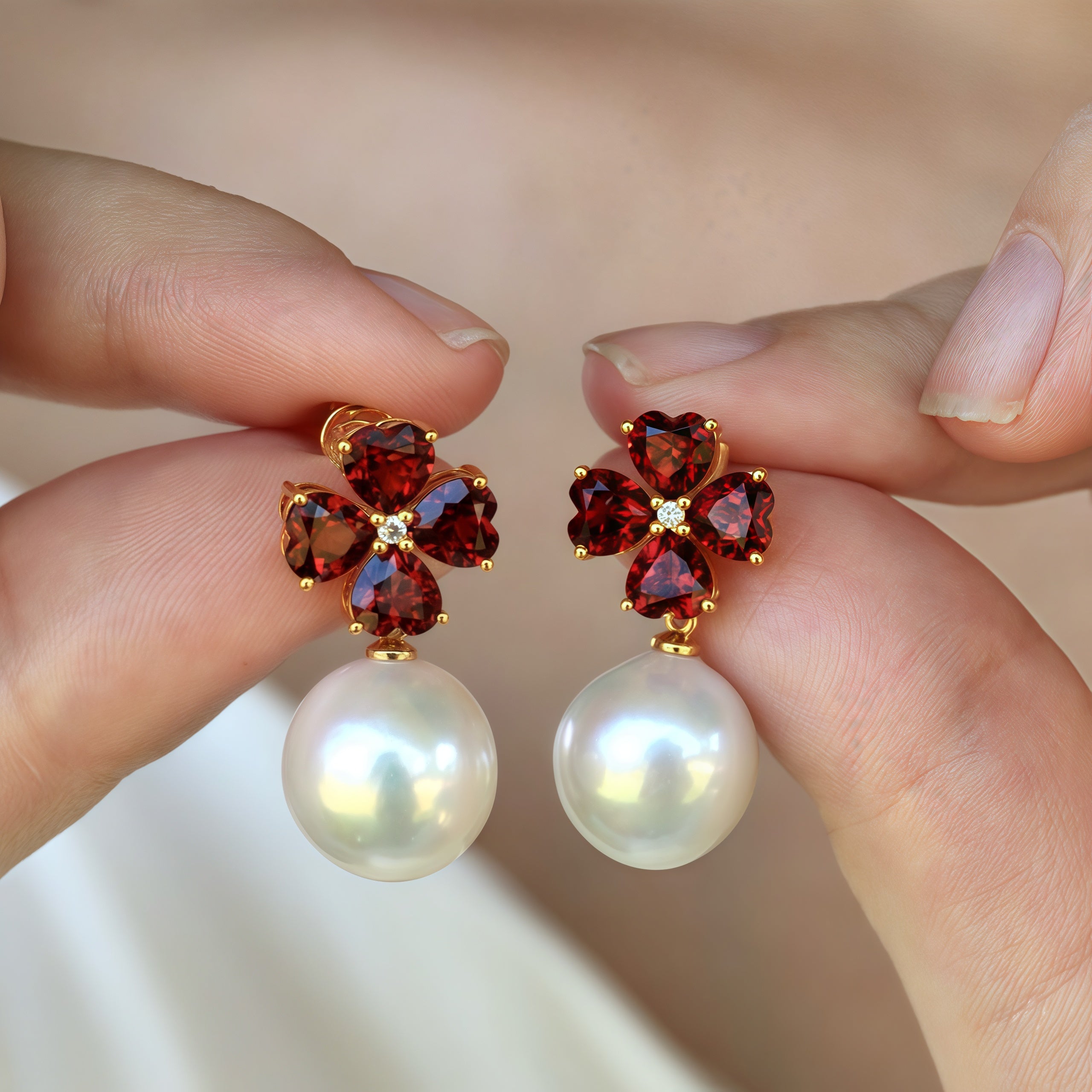 Felicia Garnet Diamond Clover Pearl Convertible Drop Earrings