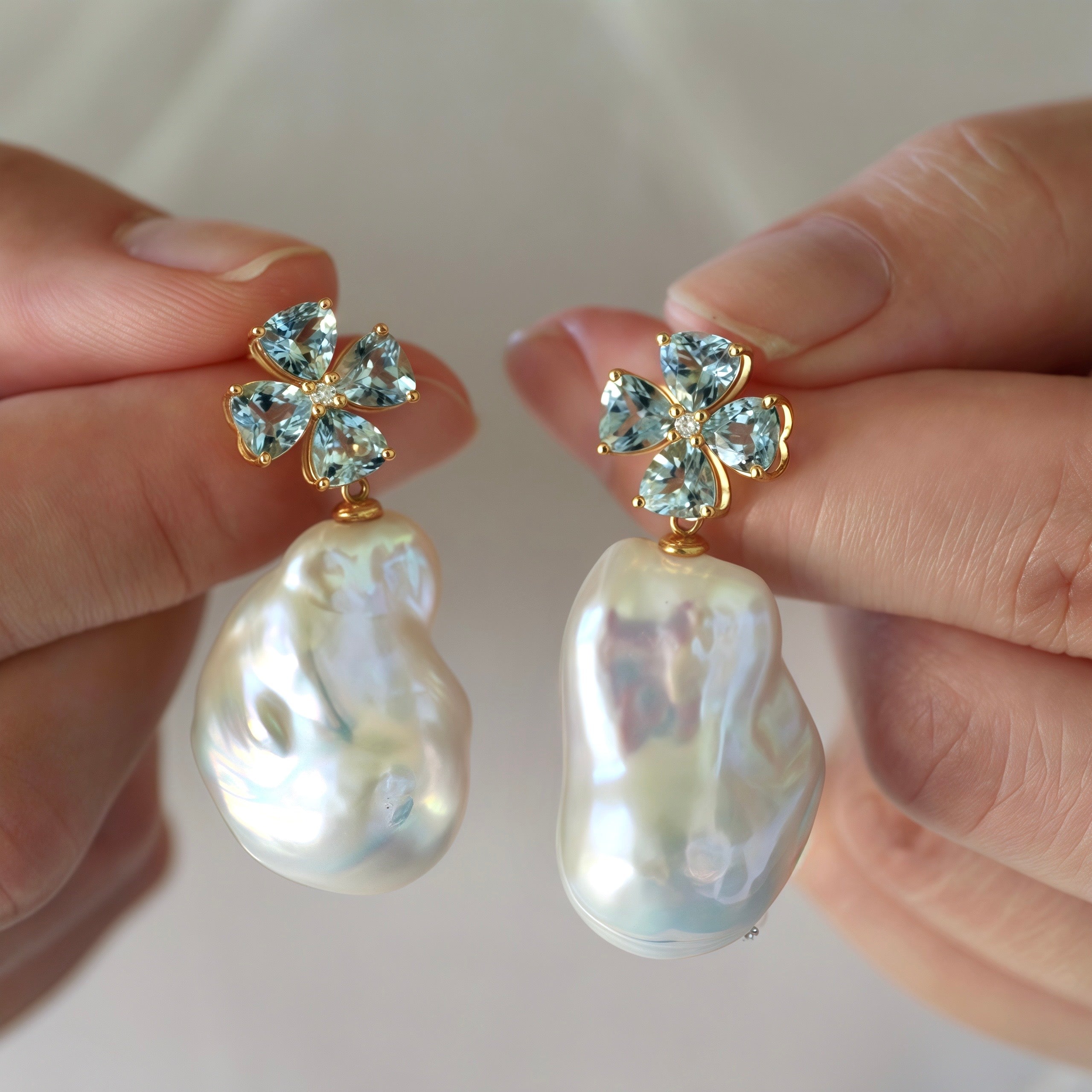 Felicia Aquamarine Diamond Clover Baroque Pearl Convertible Drop Earrings