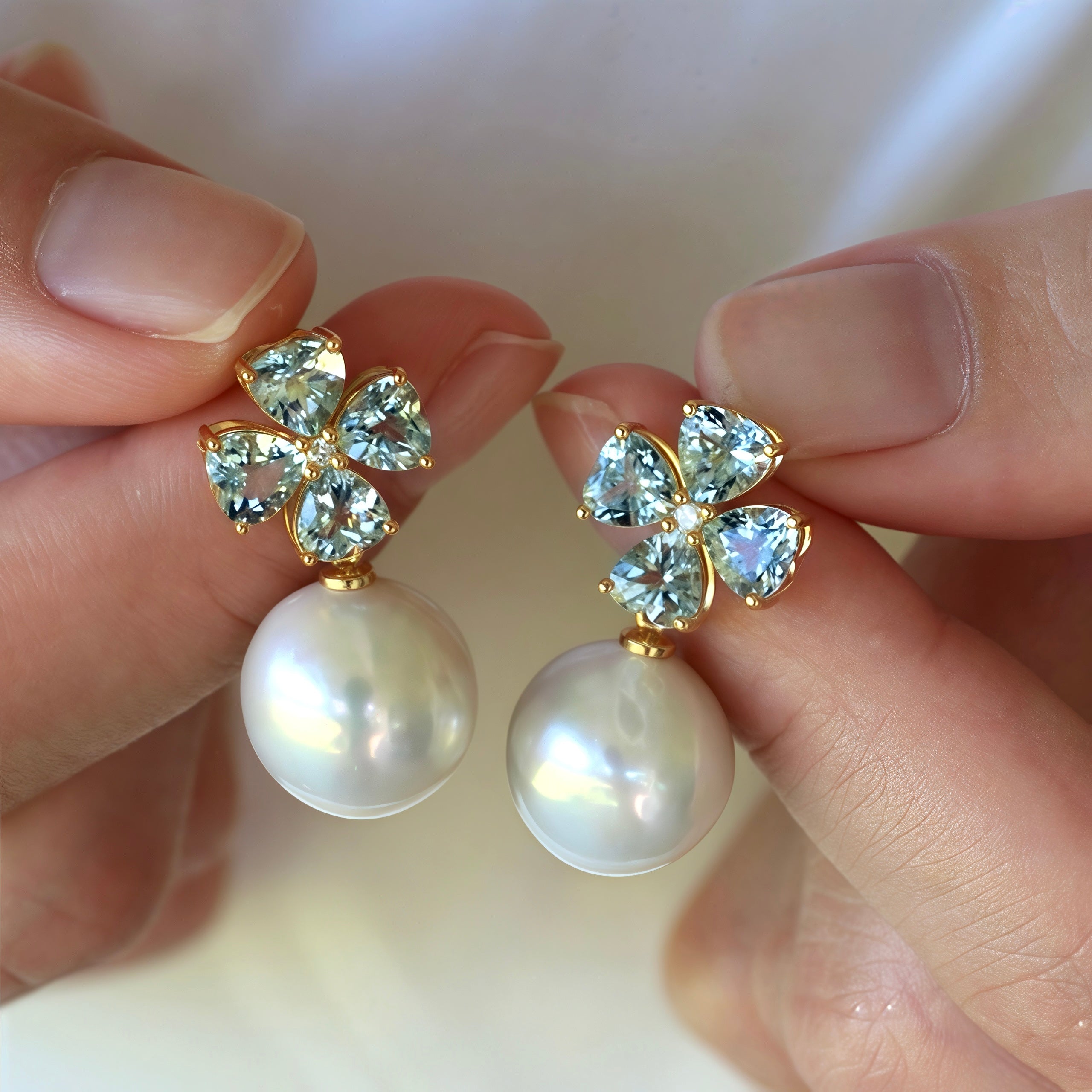 Felicia Aquamarine Diamond Clover Pearl Convertible Drop Earrings