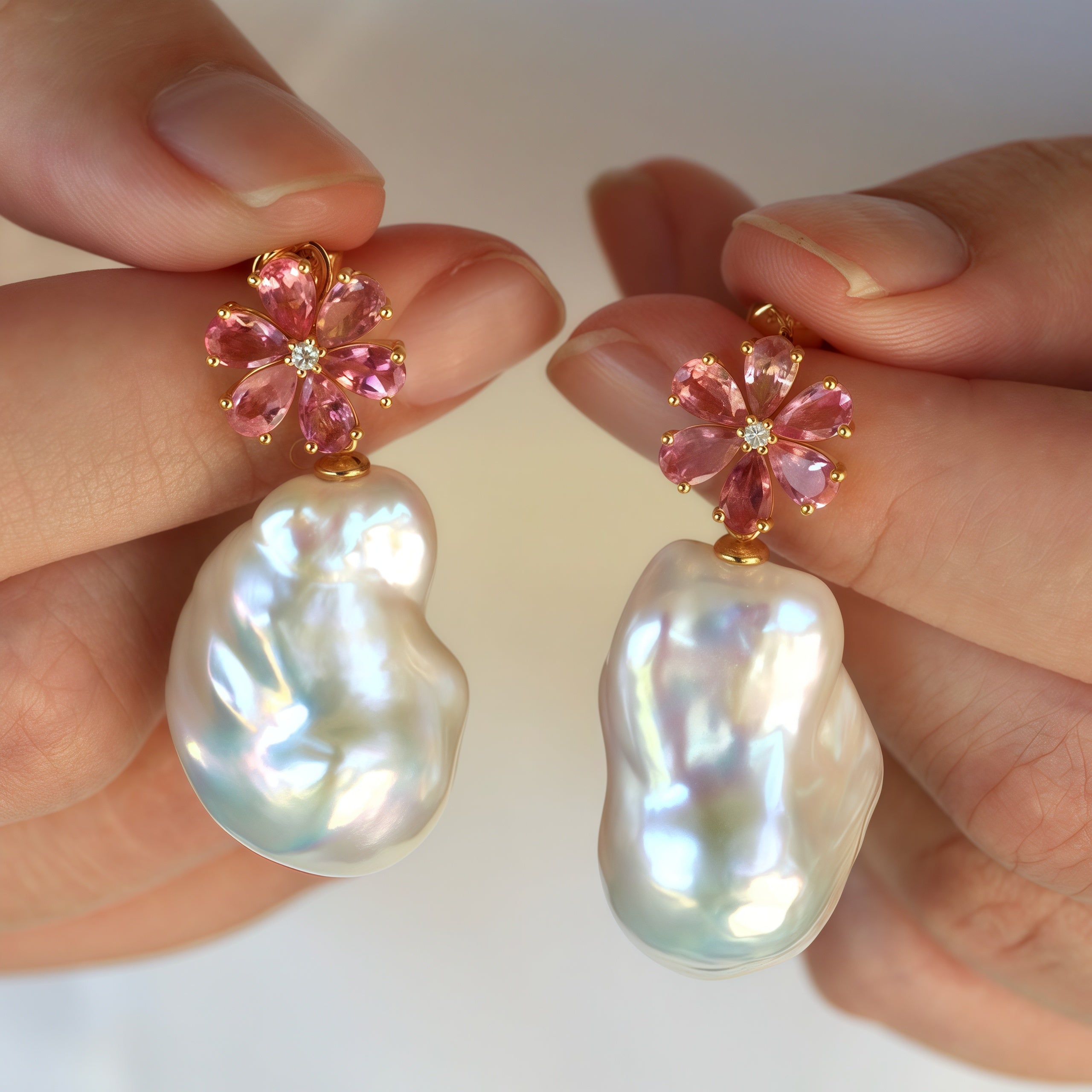 Flora Blossom Pink Tourmaline Diamond Baroque Pearl Convertible Drop Earrings