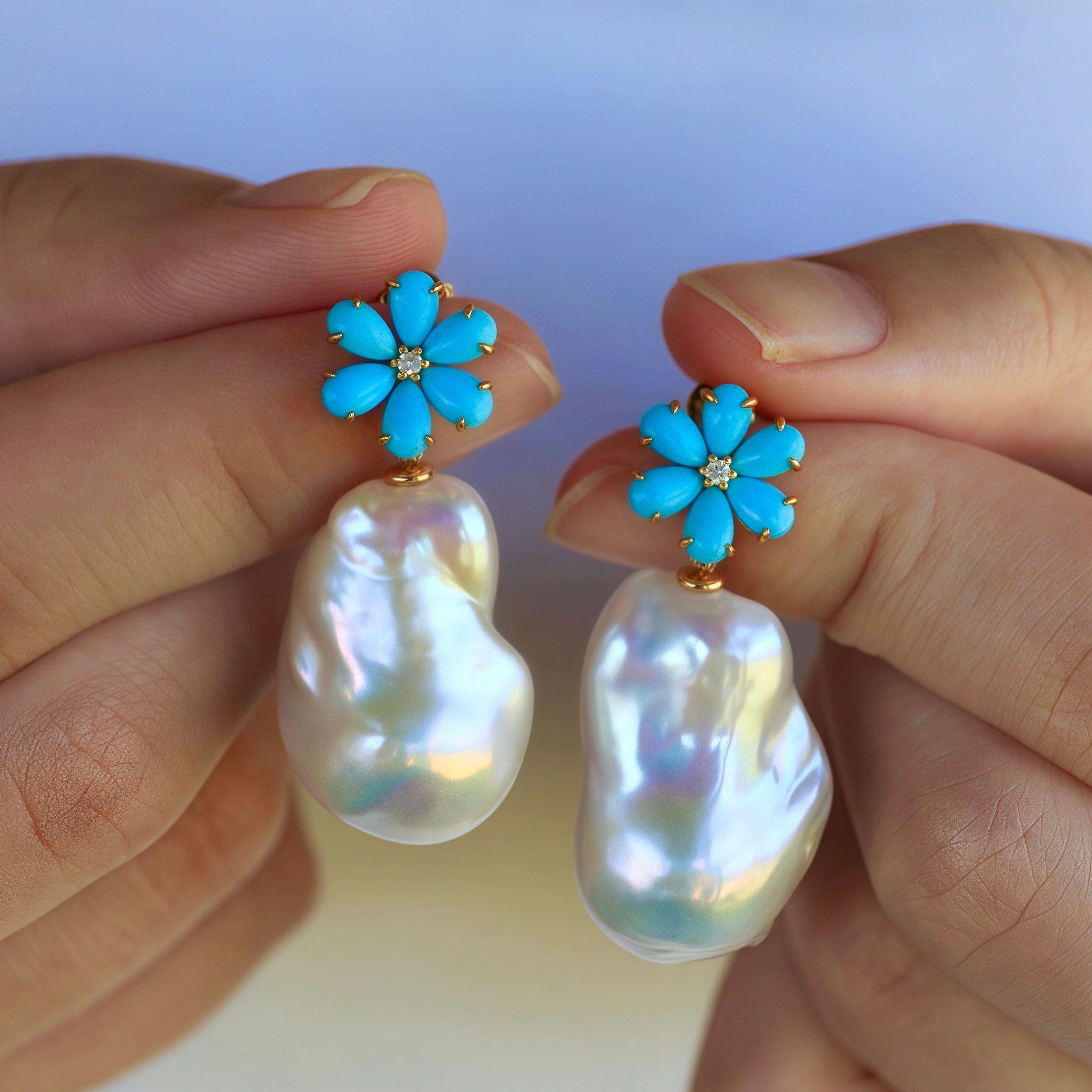 Flora Blossom Turquoise Diamond Baroque Pearl Convertible Drop Earrings