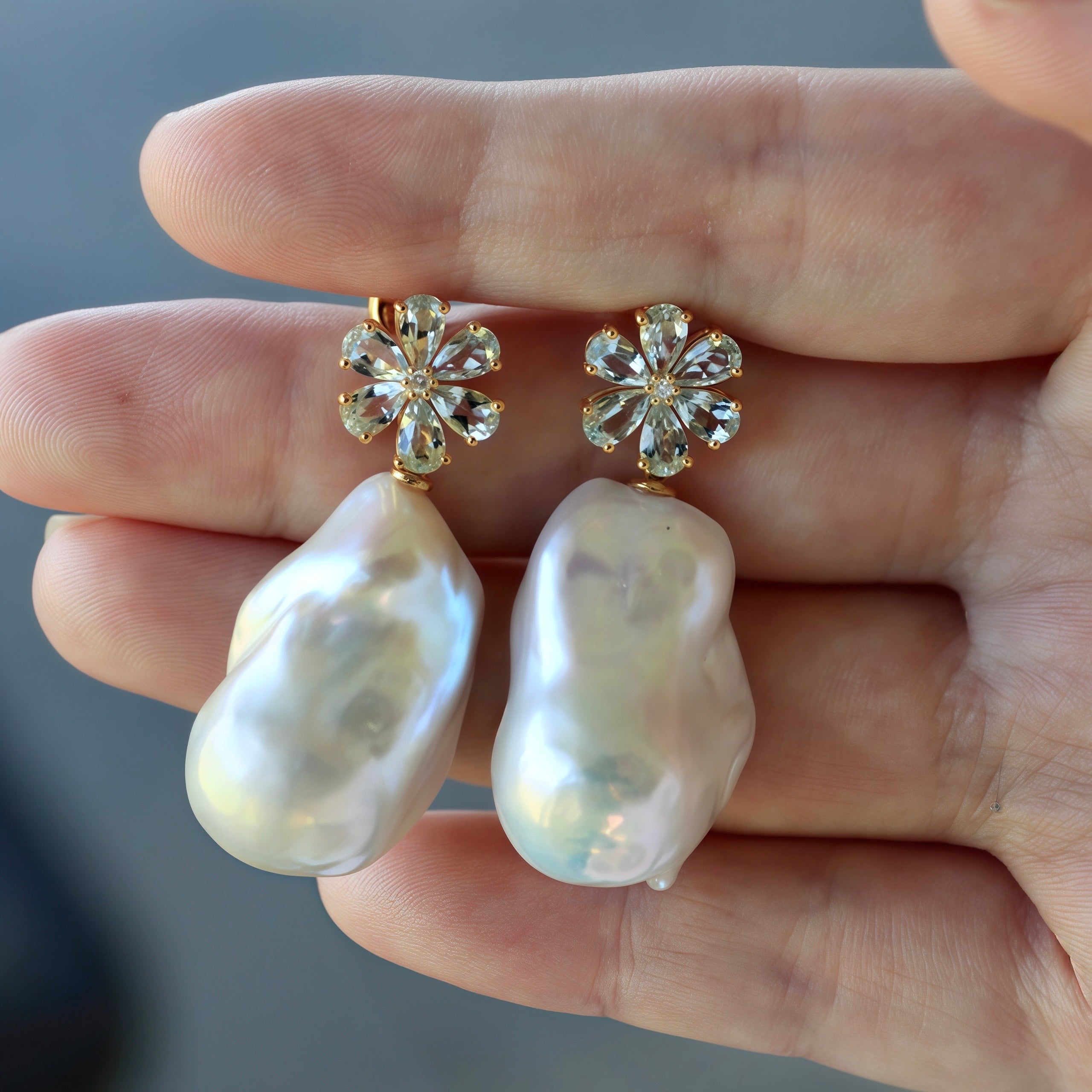 Flora Blossom Aquamarine Diamond Baroque Pearl Convertible Drop Earrings
