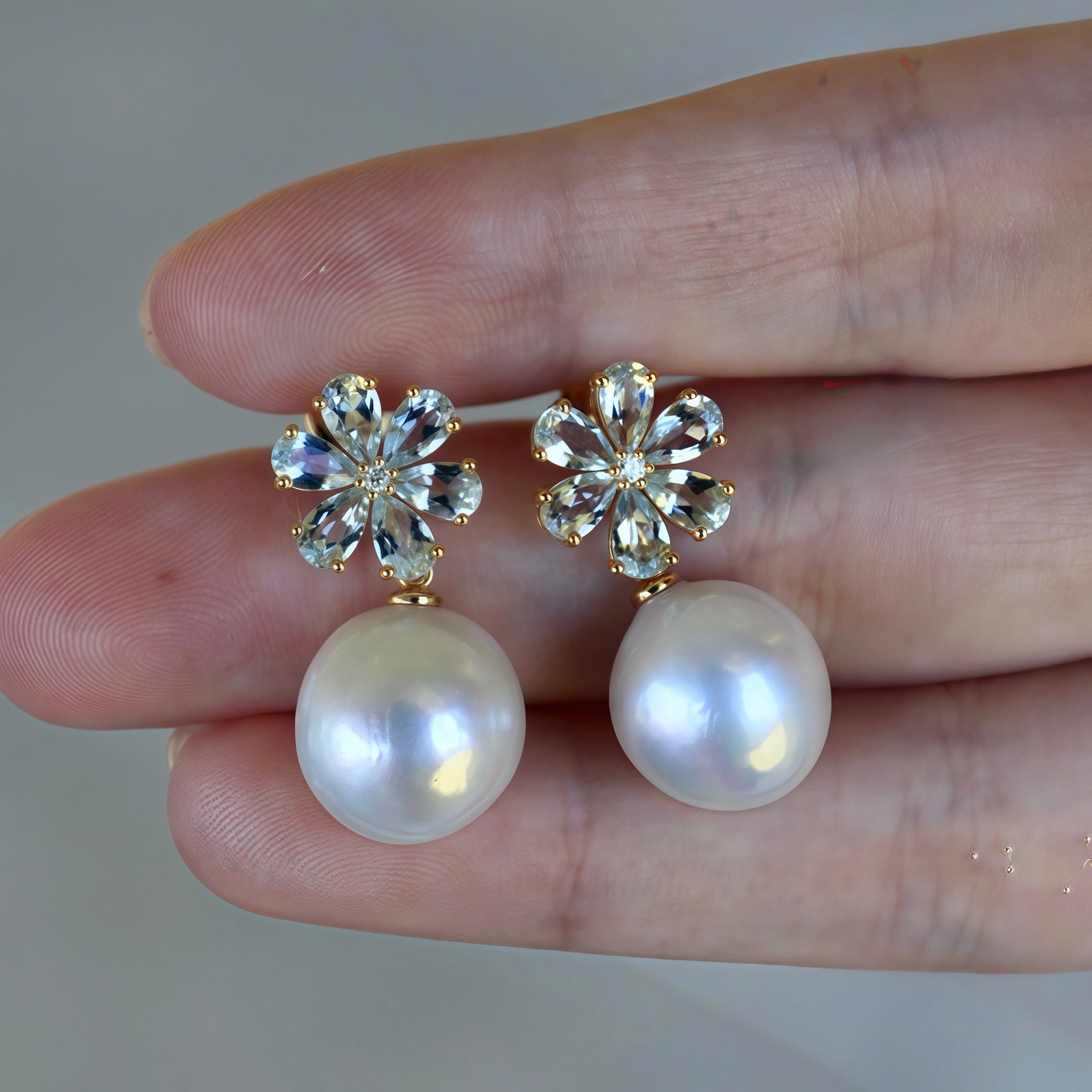 Flora Blossom Aquamarine Diamond Pearl Convertible Drop Earrings