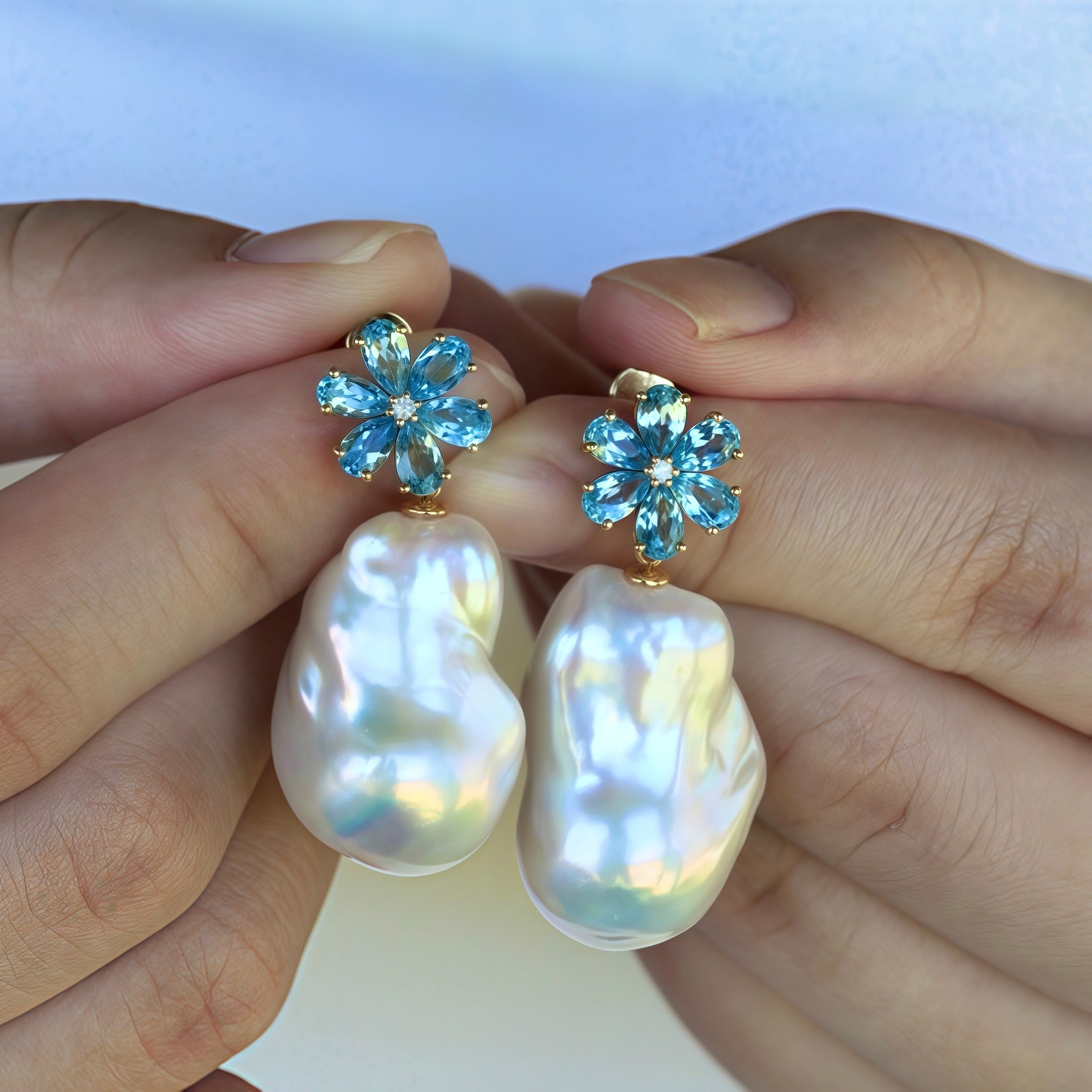 Flora Blossom Topaz Diamond Baroque Pearl Convertible Drop Earrings