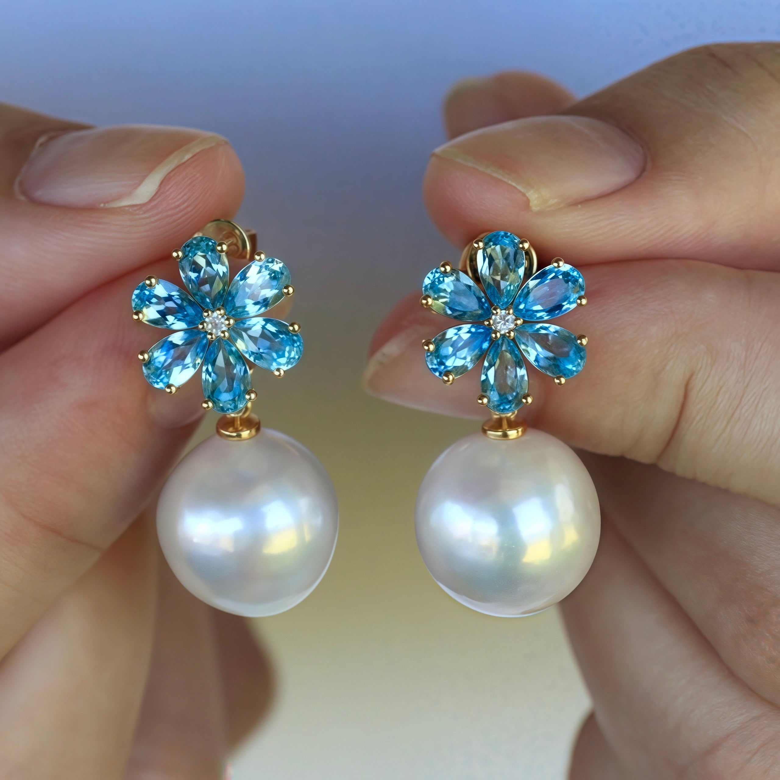 Flora Blossom Topaz Diamond Pearl Convertible Drop Earrings