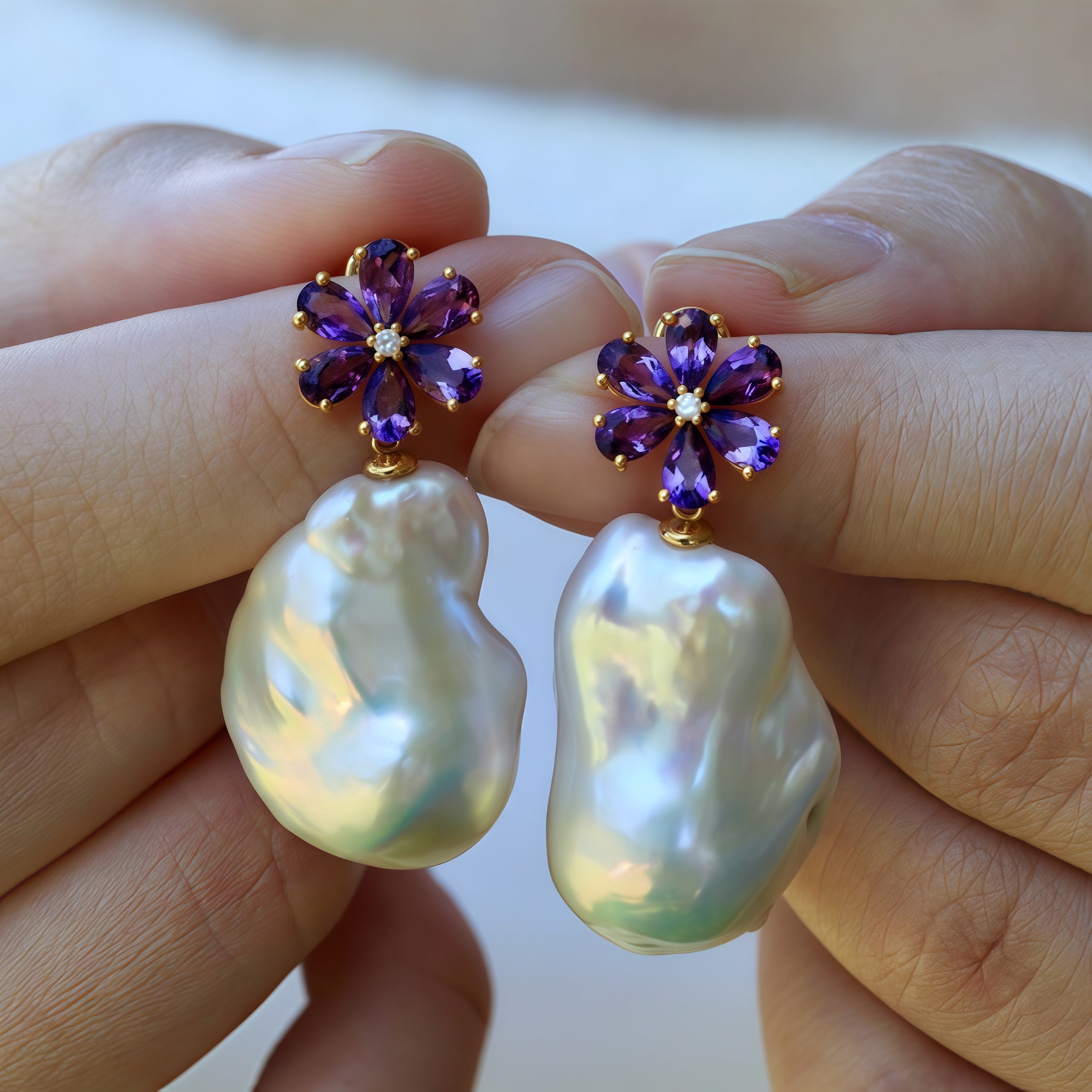 14k yellow gold purple amethyst flower petal diamond cultured barpque pearl convertible drop earrings