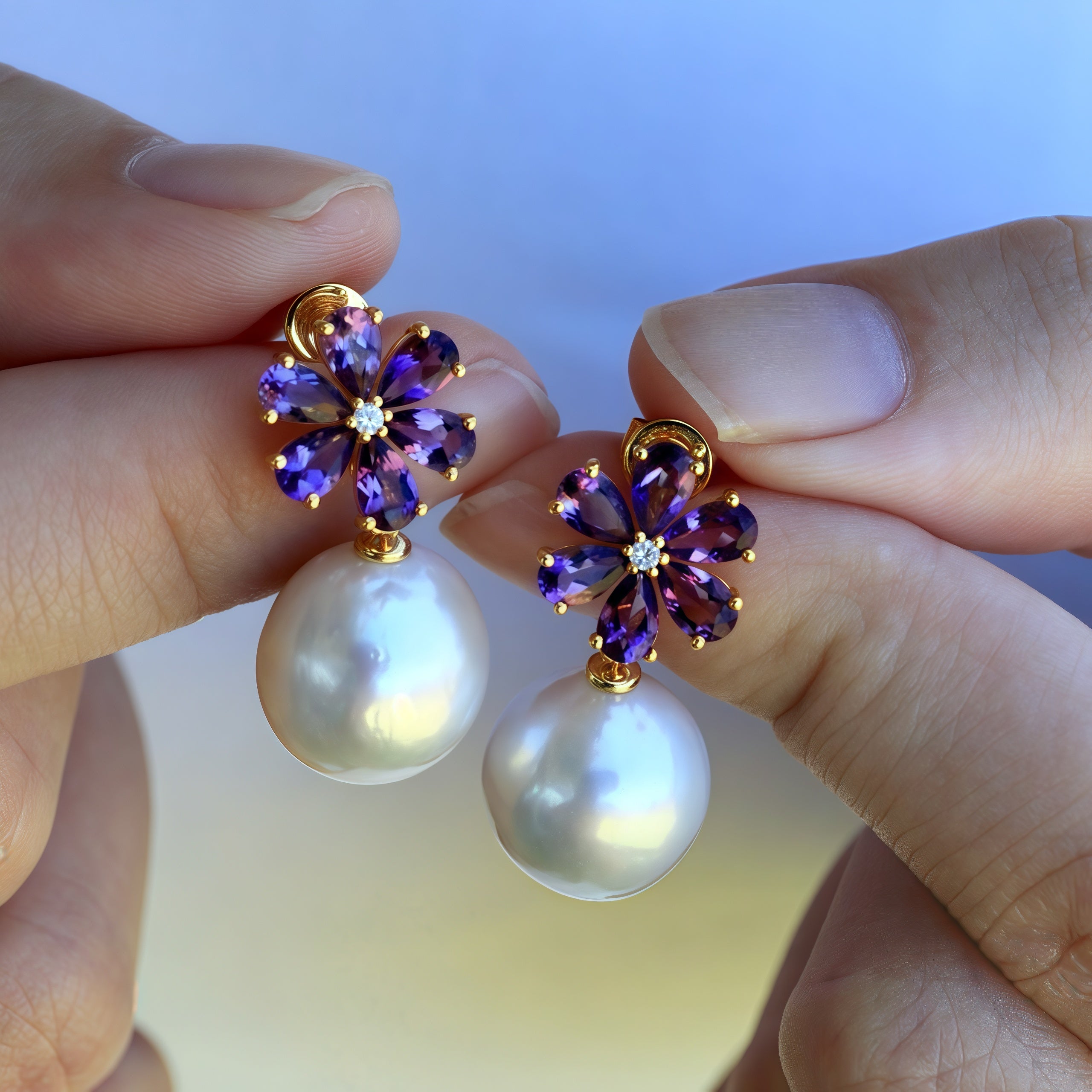flora blossom 14k solid gold purple amethyst diamond pearl earrings