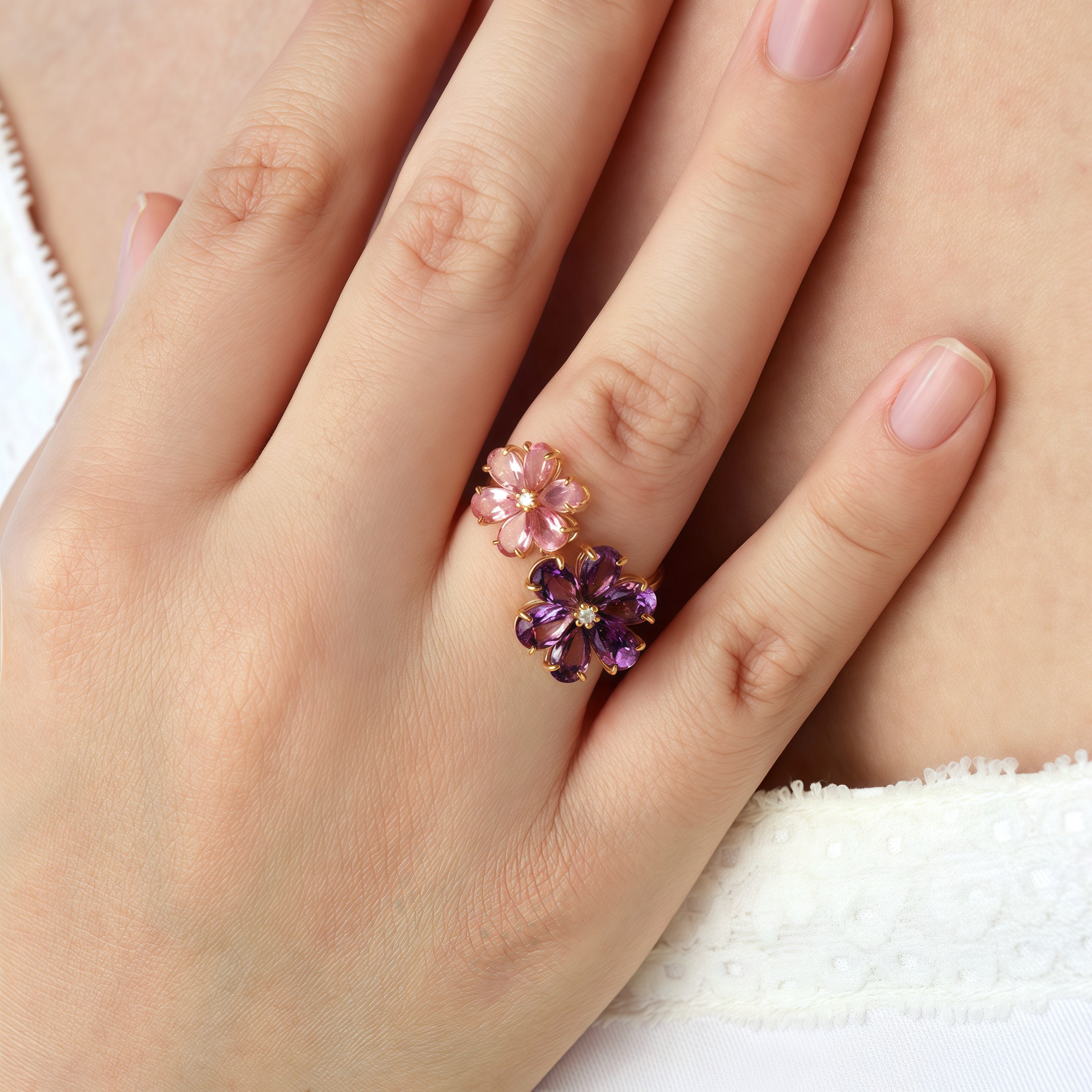 Flora Blossom Amethyst and Pink Tourmaline Diamond Cocktail Ring