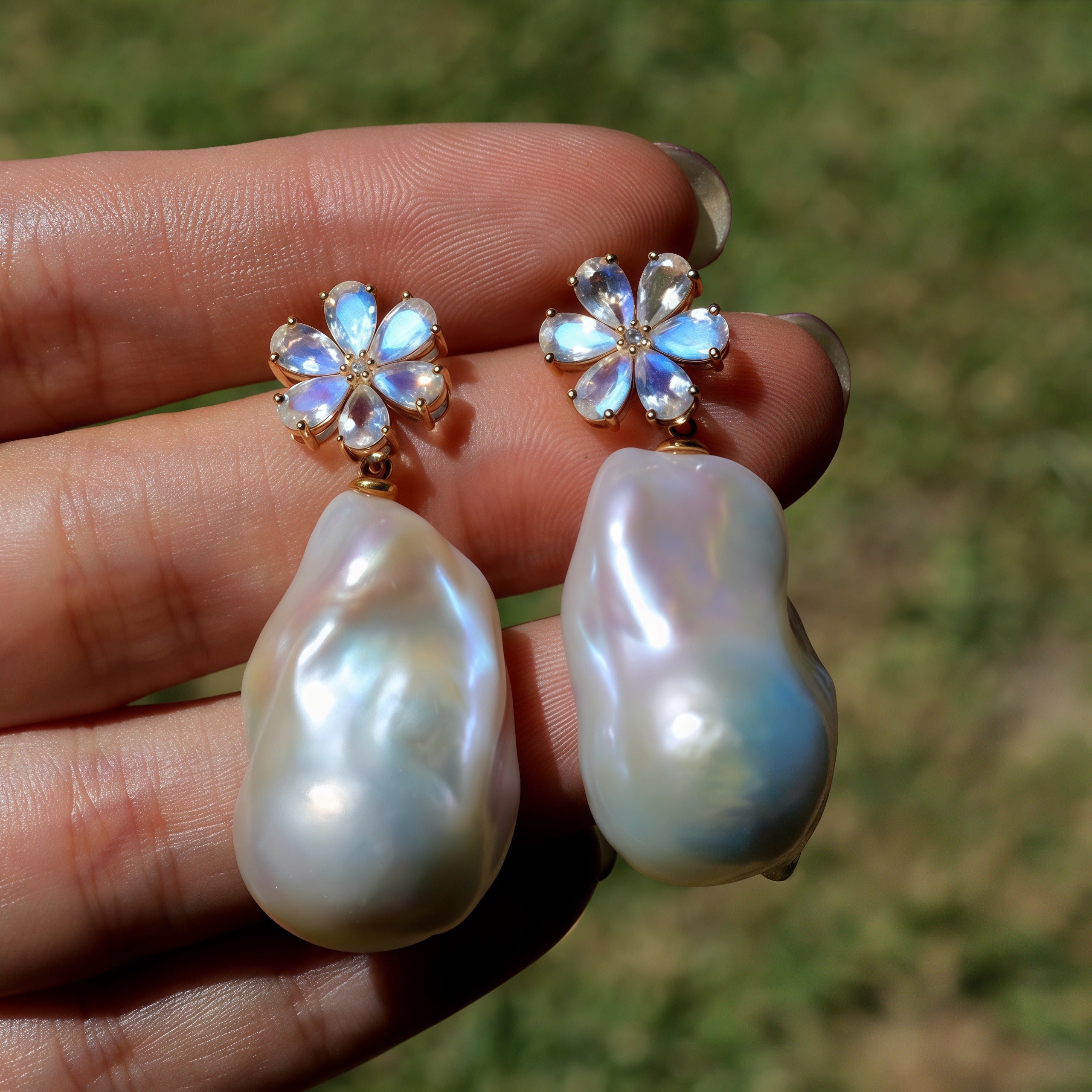 Flora Blossom Moonstone Diamond Baroque Pearl Convertible Drop Earrings