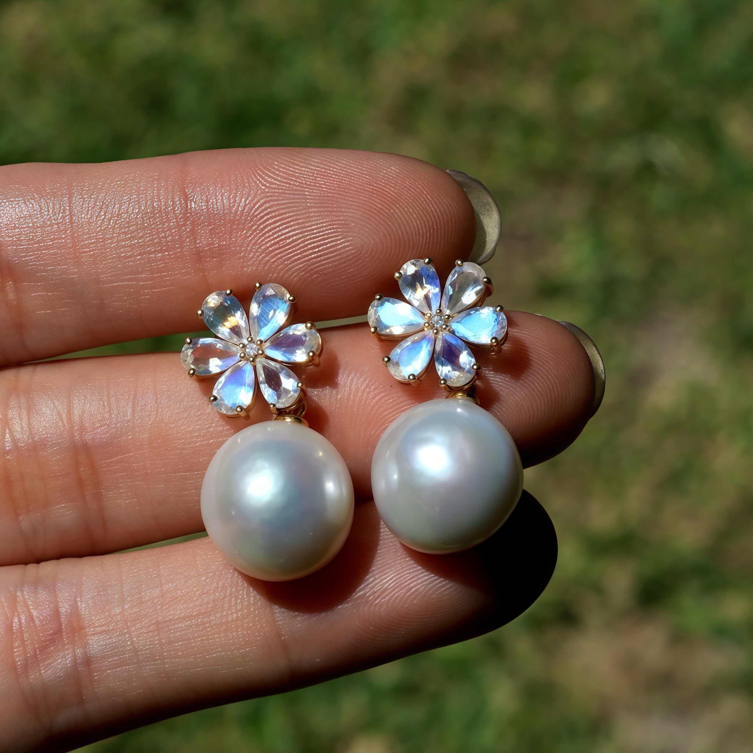 Flora Blossom Moonstone Diamond Pearl Convertible Drop Earrings