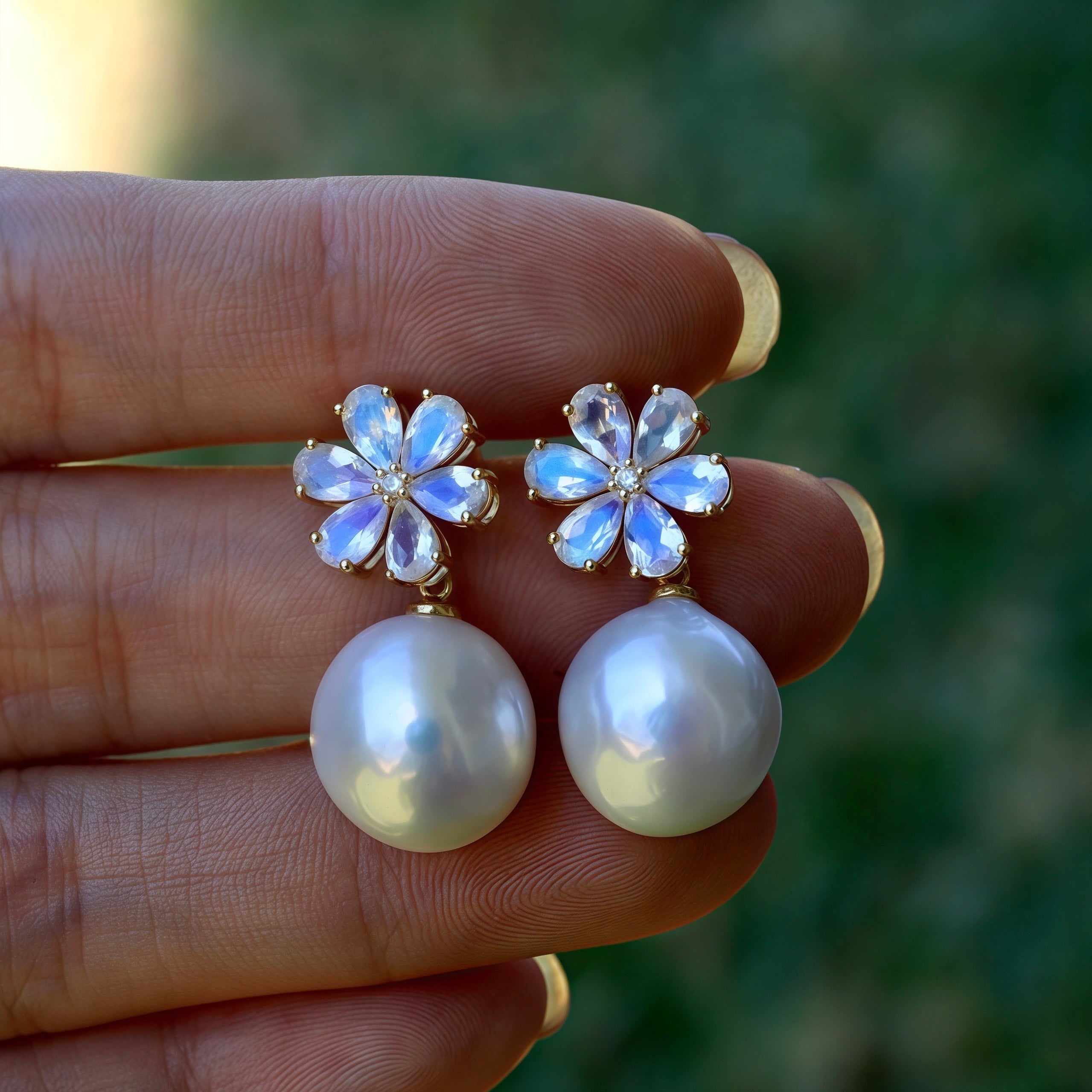 Flora Blossom Moonstone Diamond Pearl Convertible Drop Earrings