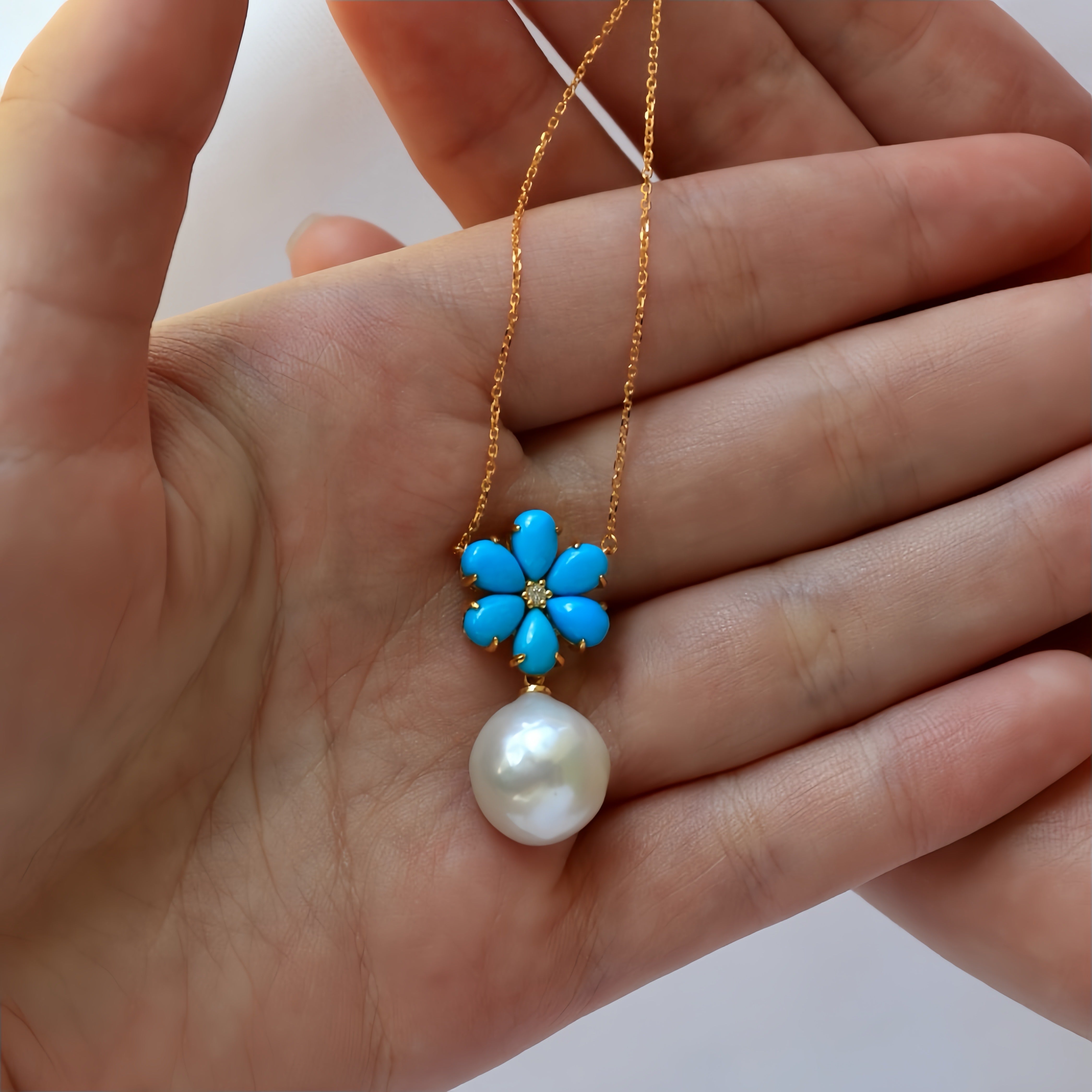 Flora Blossom Turquoise Diamond Pearl Convertible Necklace