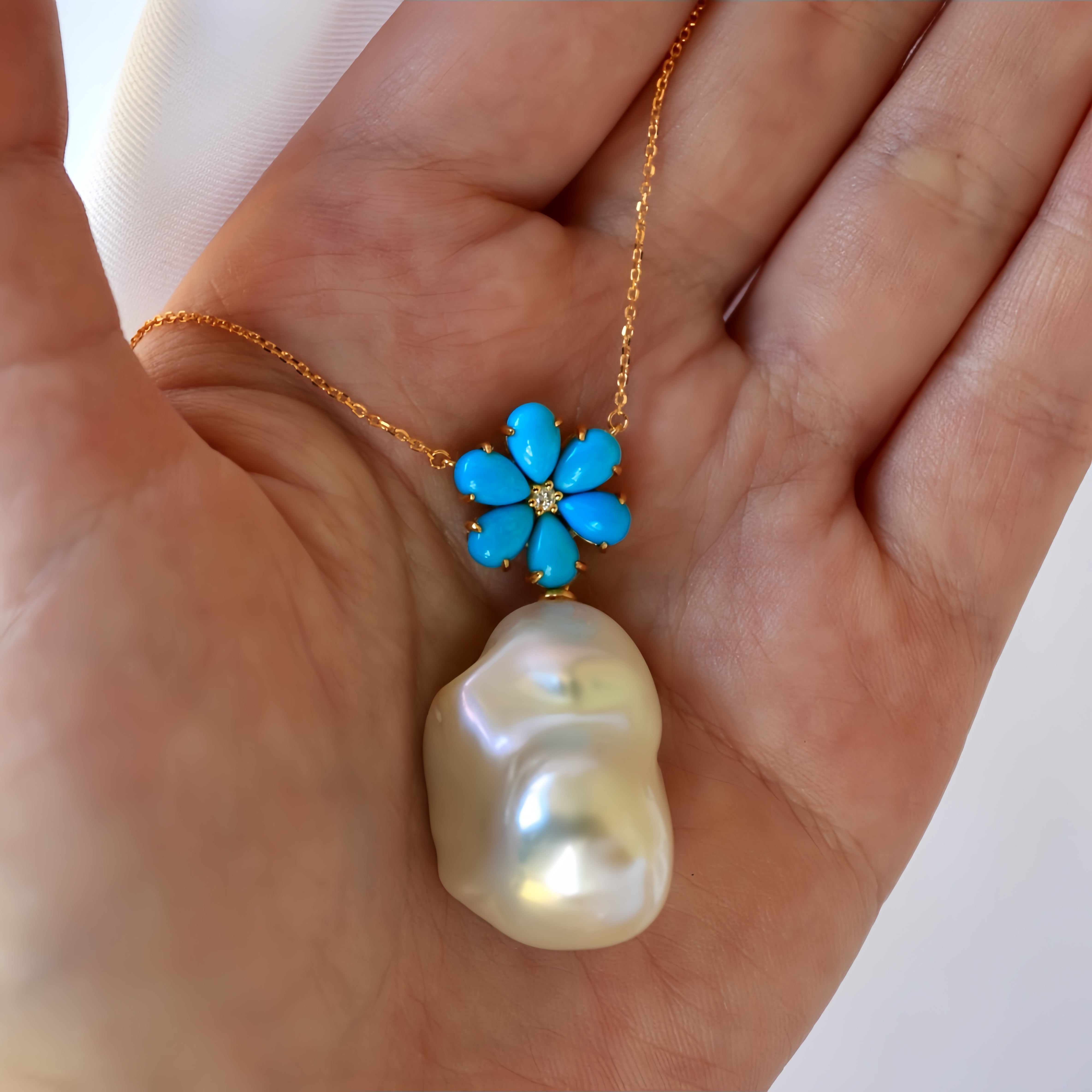Flora Blossom Turquoise Diamond Baroque pearl Convertible Necklace