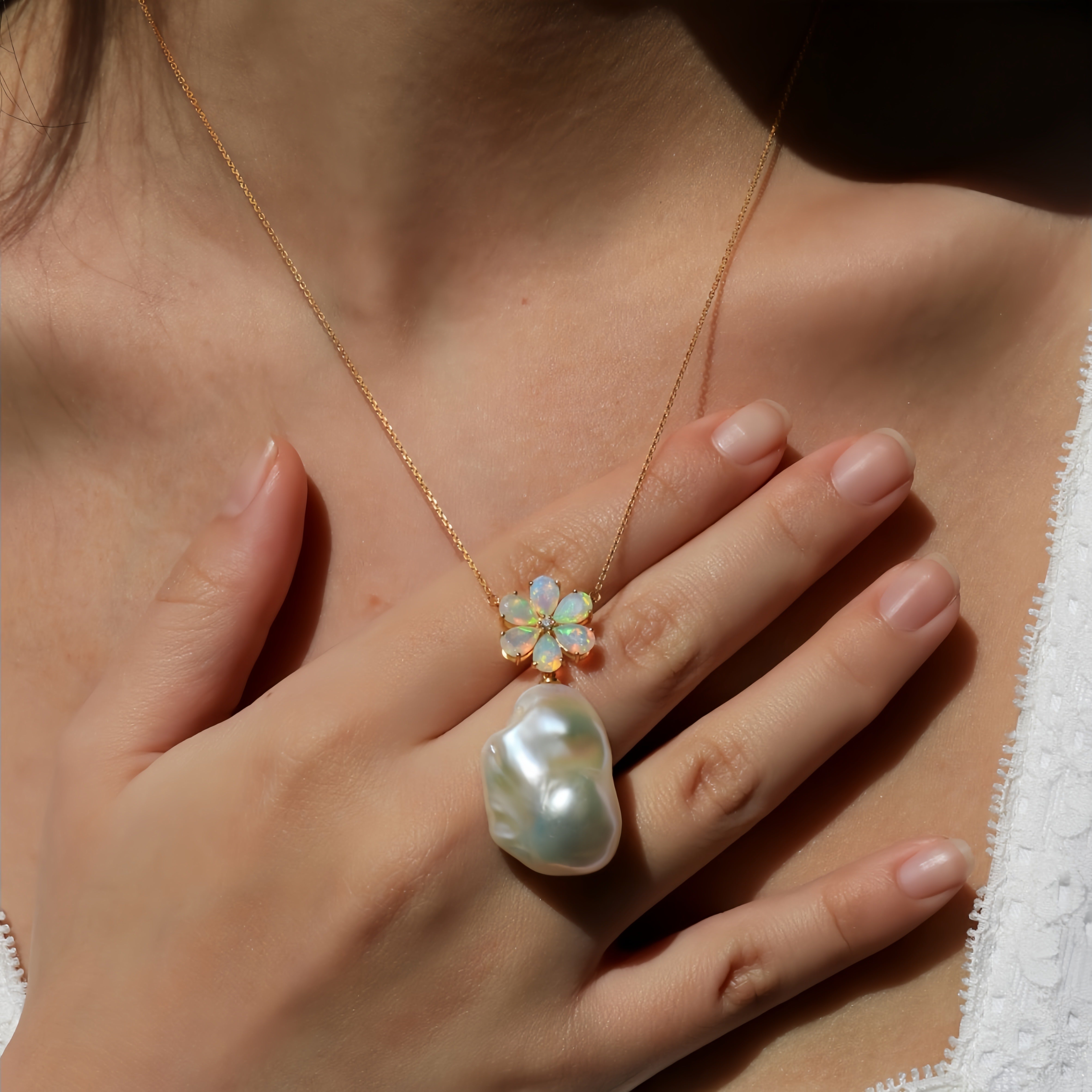 Flora Blossom Opal Diamond Baroque pearl Convertible Necklace