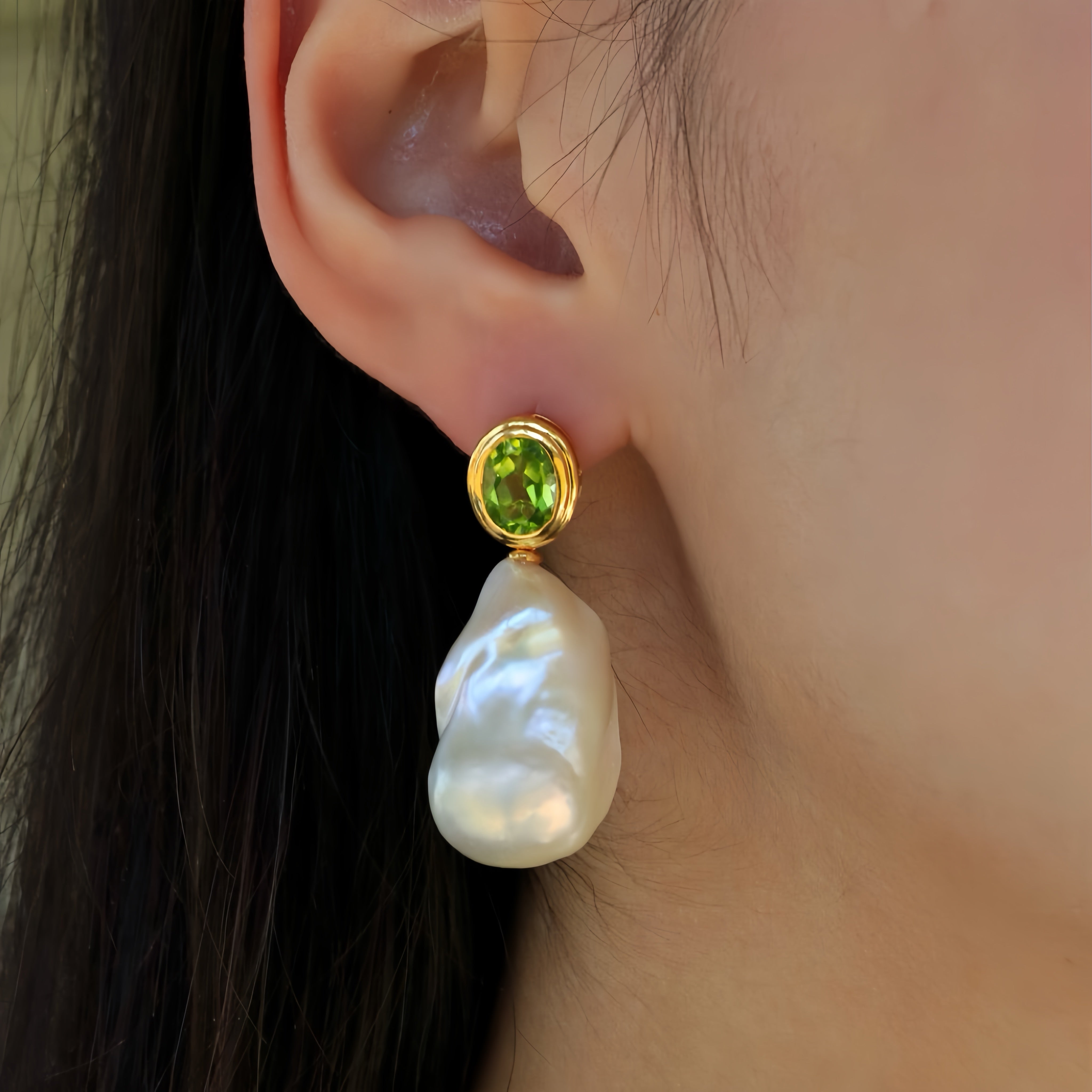 Bella Oval Peridot Baroque Pearl Convertible Drop Earrings