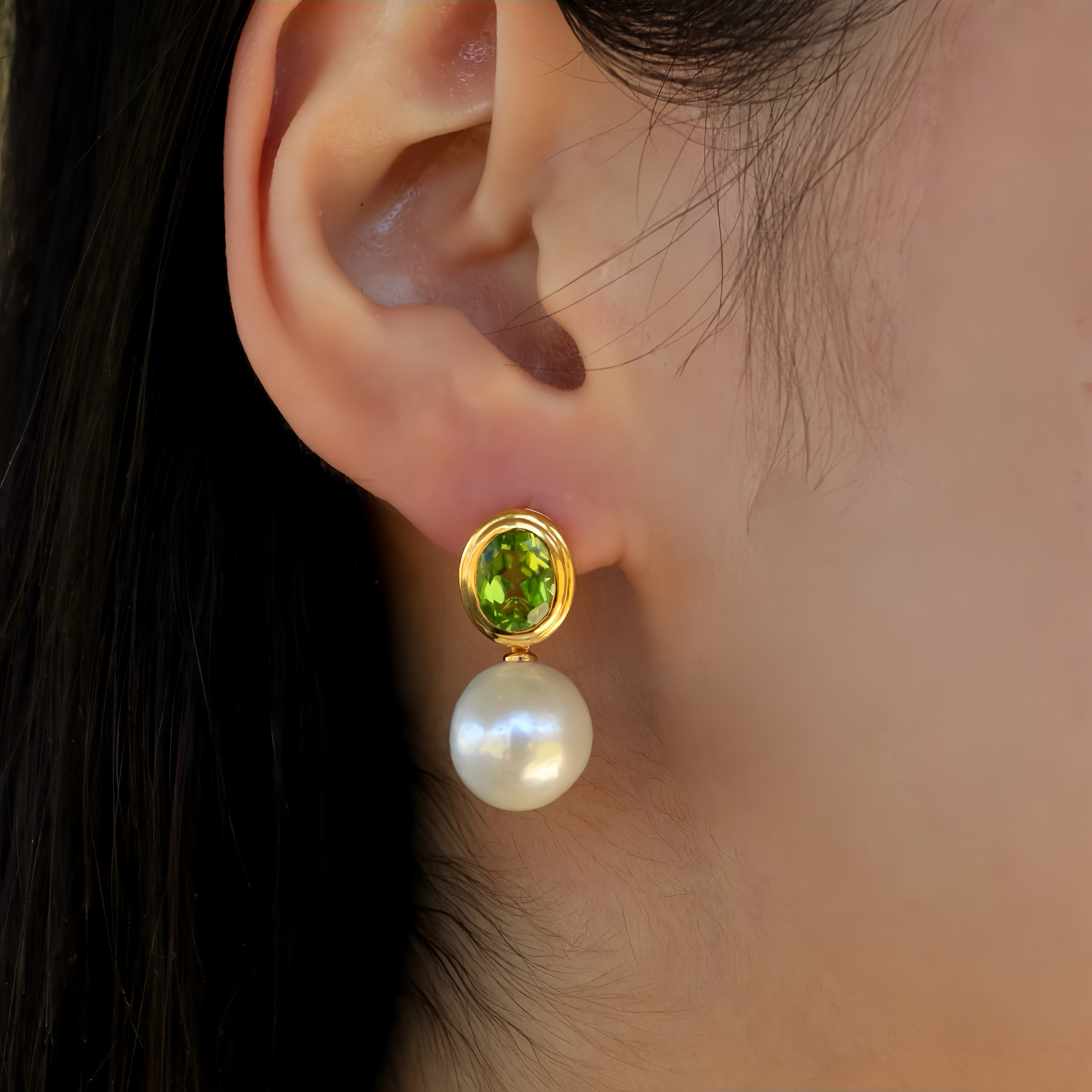 Natural Oval Peridot CulturedPearl Convertible Drop Earrings 14k yellow gold