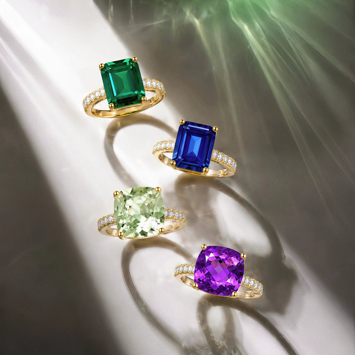 Radiant Cushion Natural Prasiolite Green Amethyst Diamond Ring in 14k yellow gold