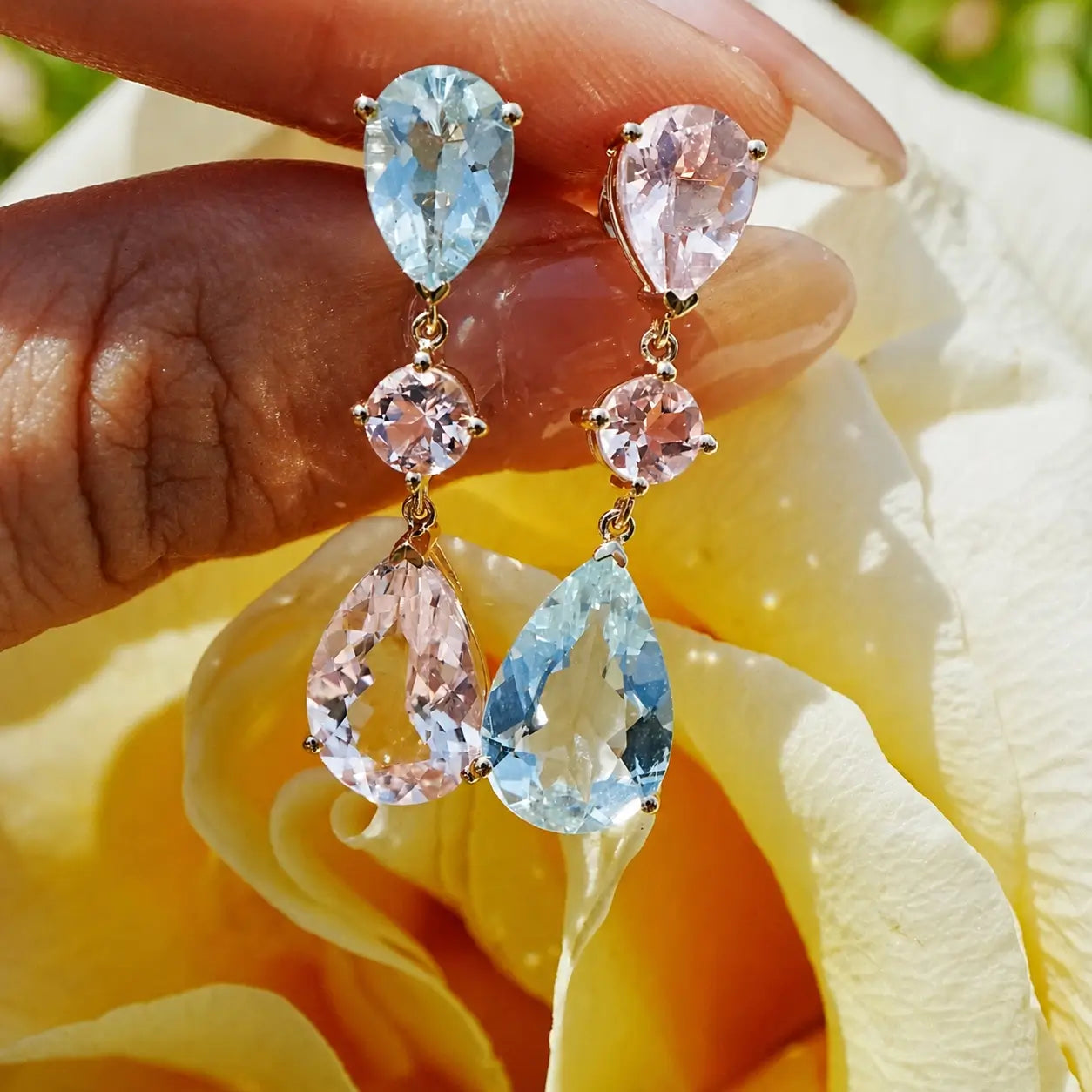 Garden Melody 7.88 ctw Natural Aquamarine & Pink Morganite Drop Earrings in 14k yellow gold (One-of-a-Kind)