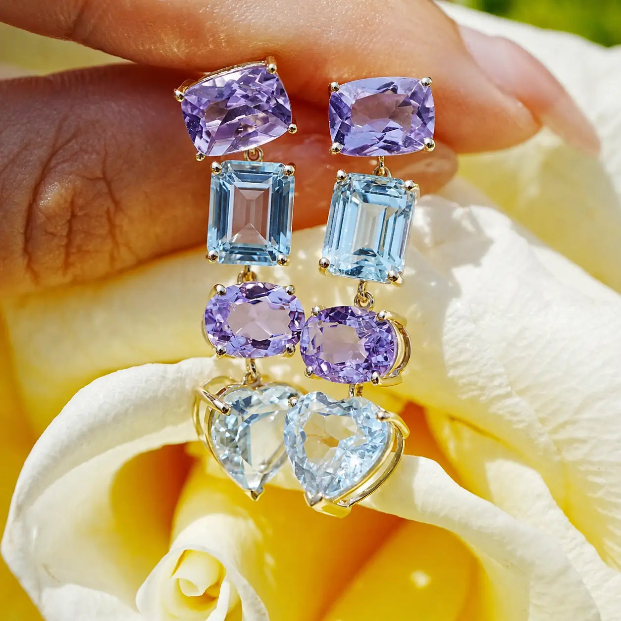Garden Melody AIGS Certified 12.85 ctw Aquamarine & Lavender Amethyst Drop Earrings in 14k yellow gold (One-of-a-Kind)