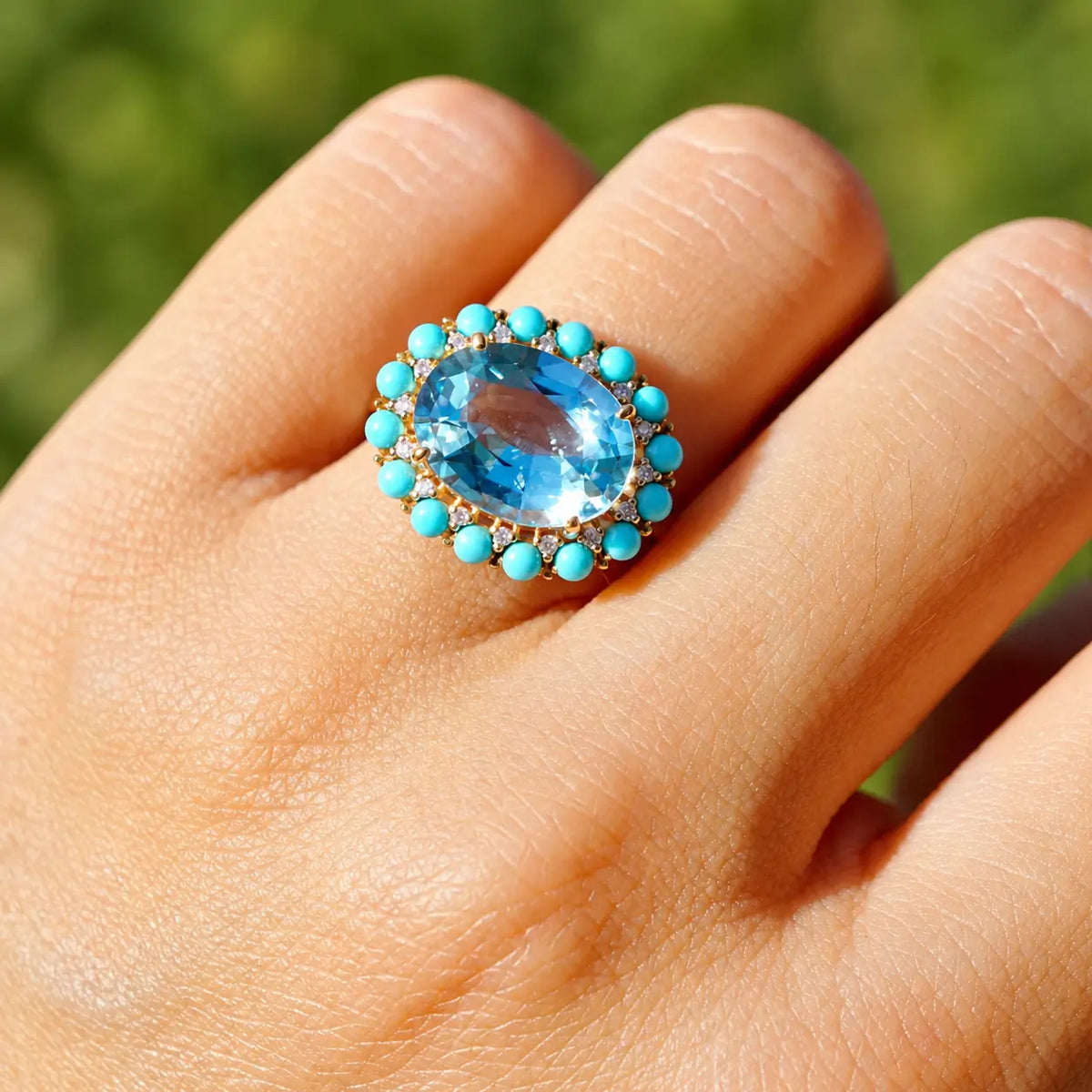Belle Halo 3.79 ctw Natural Aquamarine, Turquoise & Diamond East-West Ring (One-of-a-Kind)