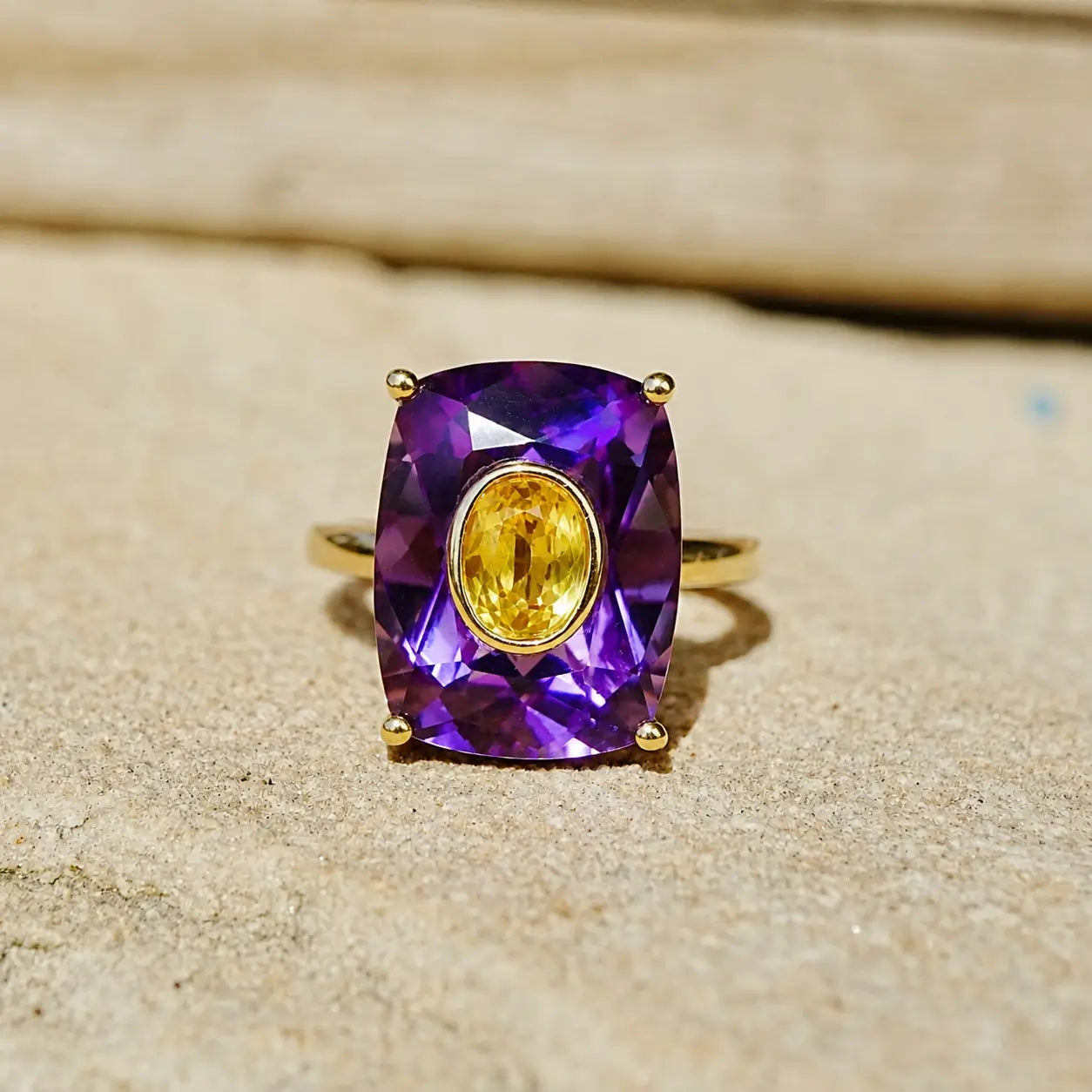14k yellow gold Inner Light 10.90 ctw Natural Amethyst & Yellow Sapphire Ring (One-of-a-Kind)
