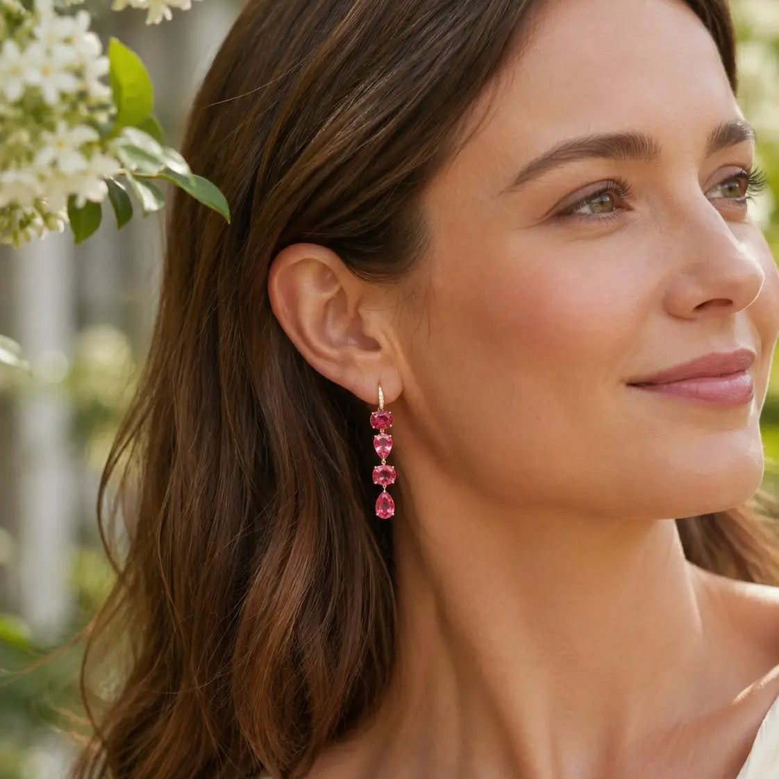 14k yellow gold Garden Melody 8.18 ctw Natural Rubellite & Diamond Drop Earrings (One-of-a-Kind)