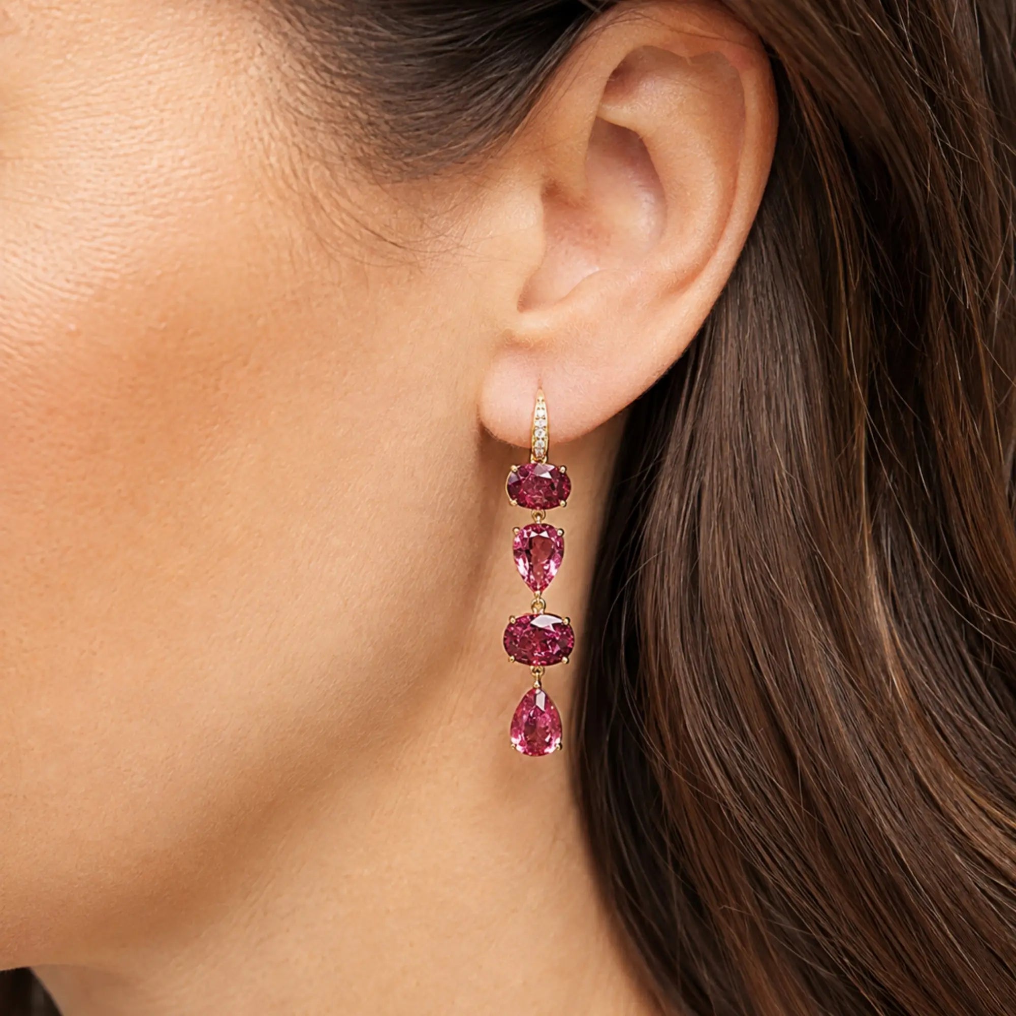 14k yellow gold Garden Melody 8.18 ctw Natural Rubellite & Diamond Drop Earrings (One-of-a-Kind)