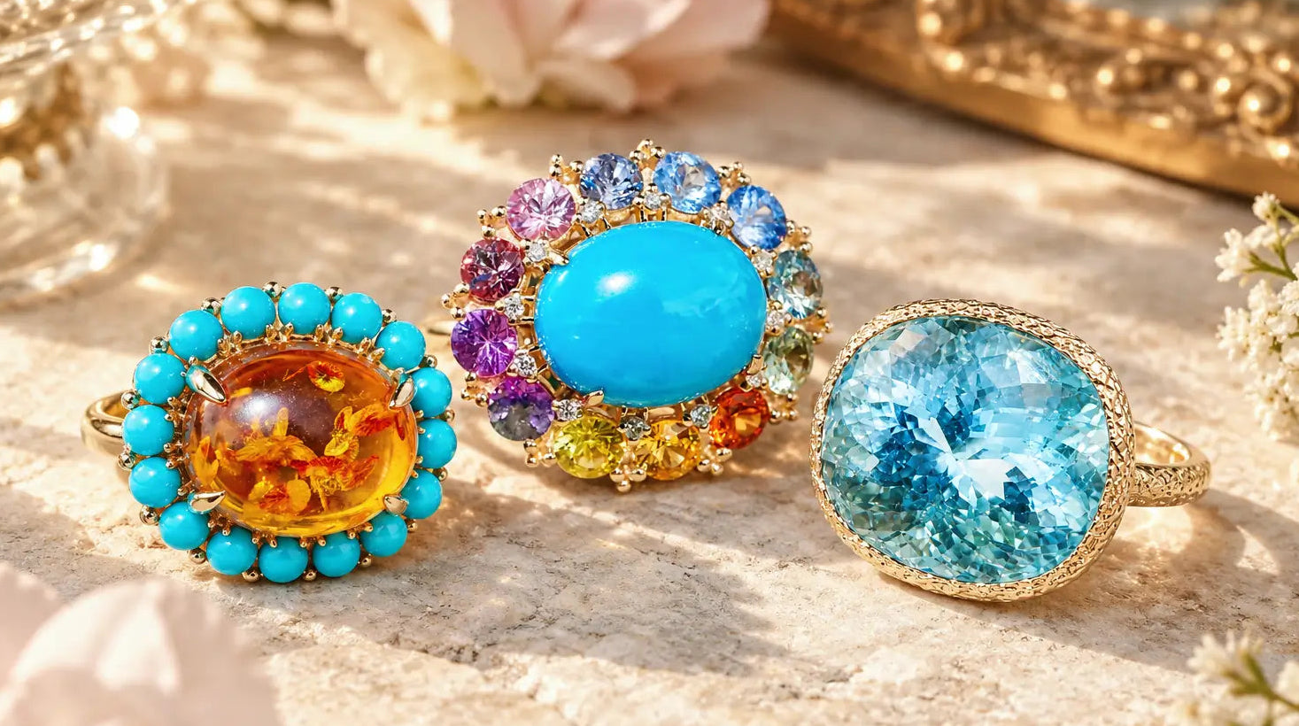 Three colorful statement rings displayed on a textured stone surface with soft floral props. The left ring has a large amber-orange center stone surrounded by bright turquoise-blue round stones.