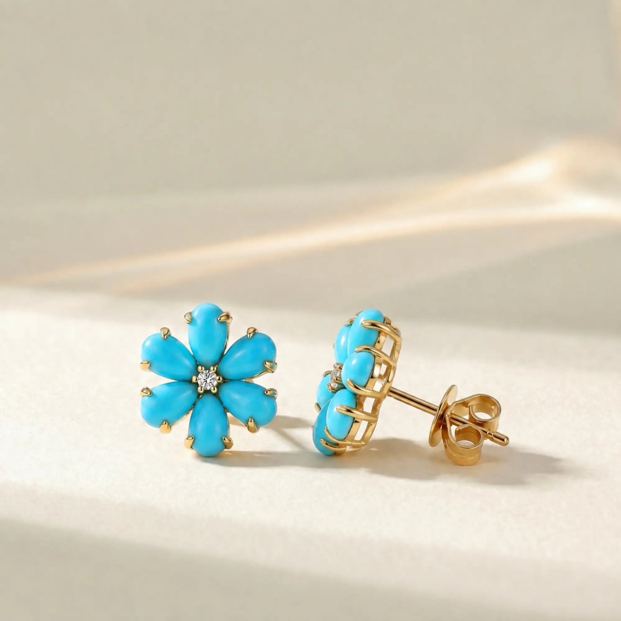 Flora Natural Sleeping Beauty Turquoise Diamond Earrings in 14k yellow gold