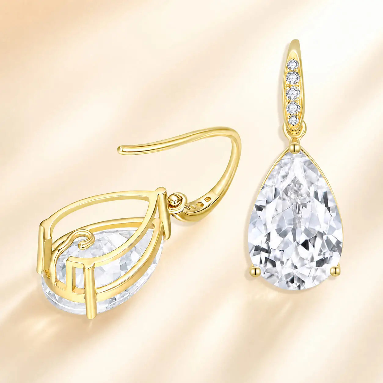 Radiant Pear 8.05ctw Lab-Grown Whit Sapphire Diamond Drop Earrings in 14k yellow gold